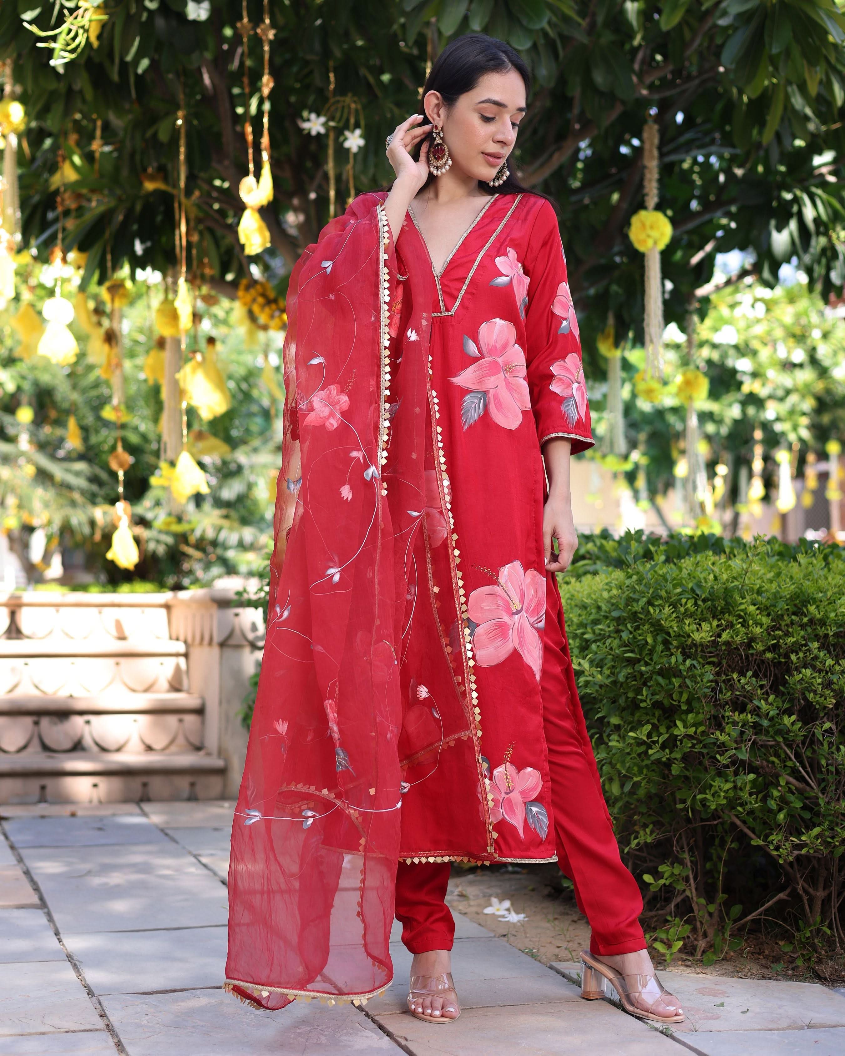 Raspberry Blush Red Handpainted Satin Suit Set - Image 3