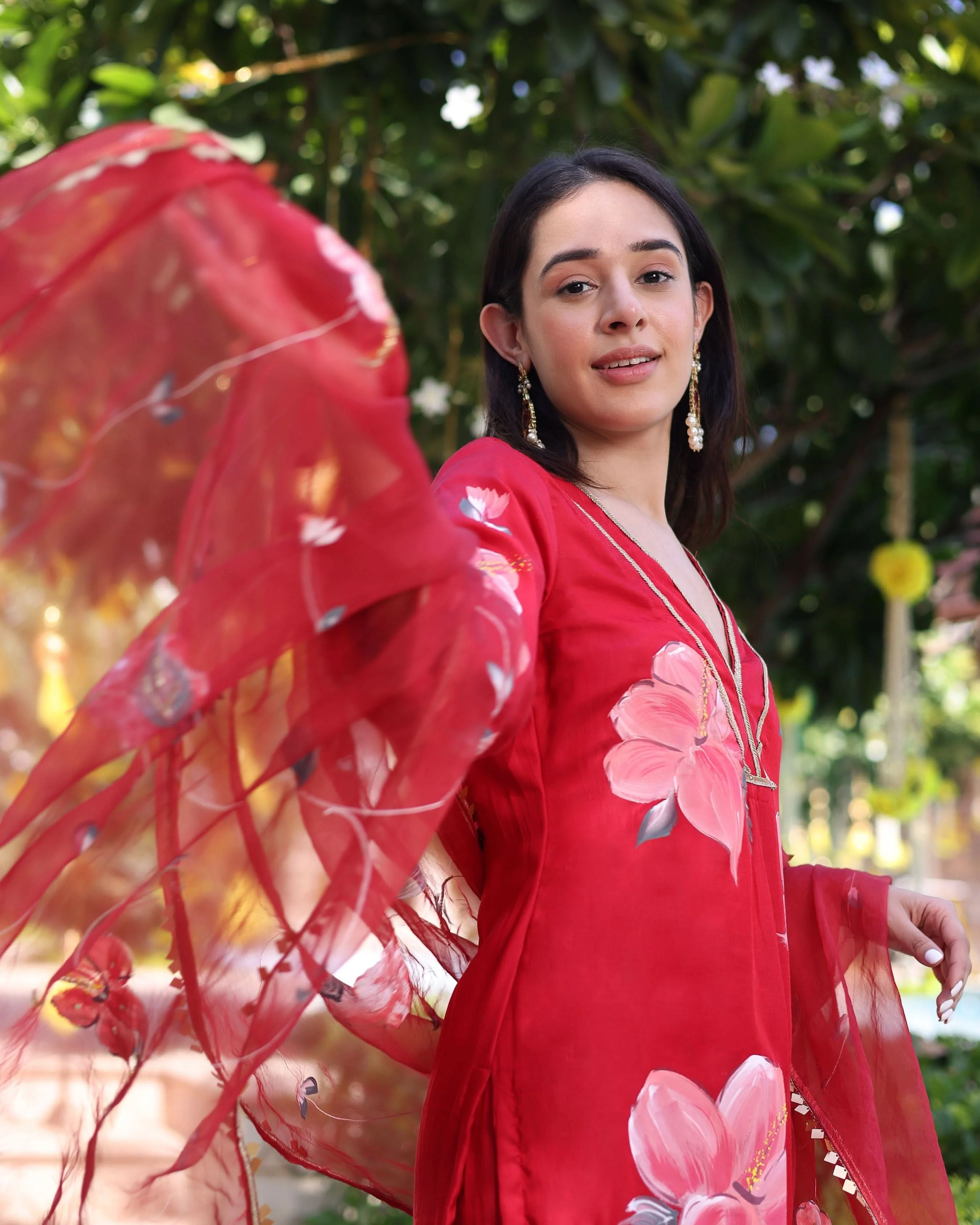 Raspberry Blush Red Handpainted Satin Suit Set - Image 4