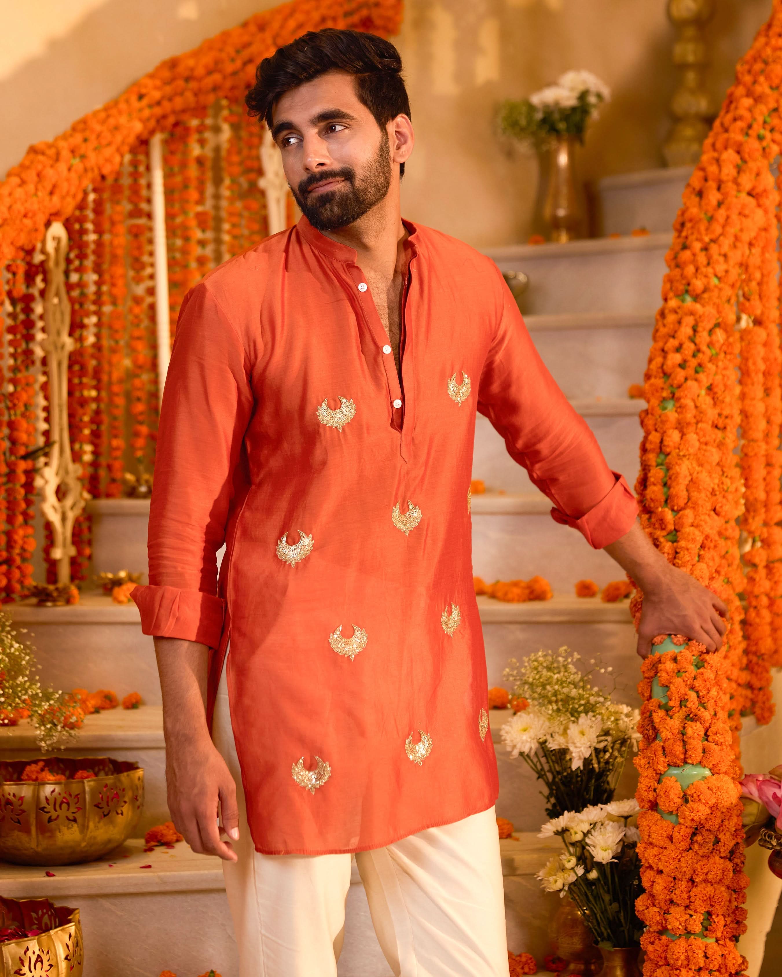 Ratnav Orange Embroidered Chanderi Kurta - Image 3