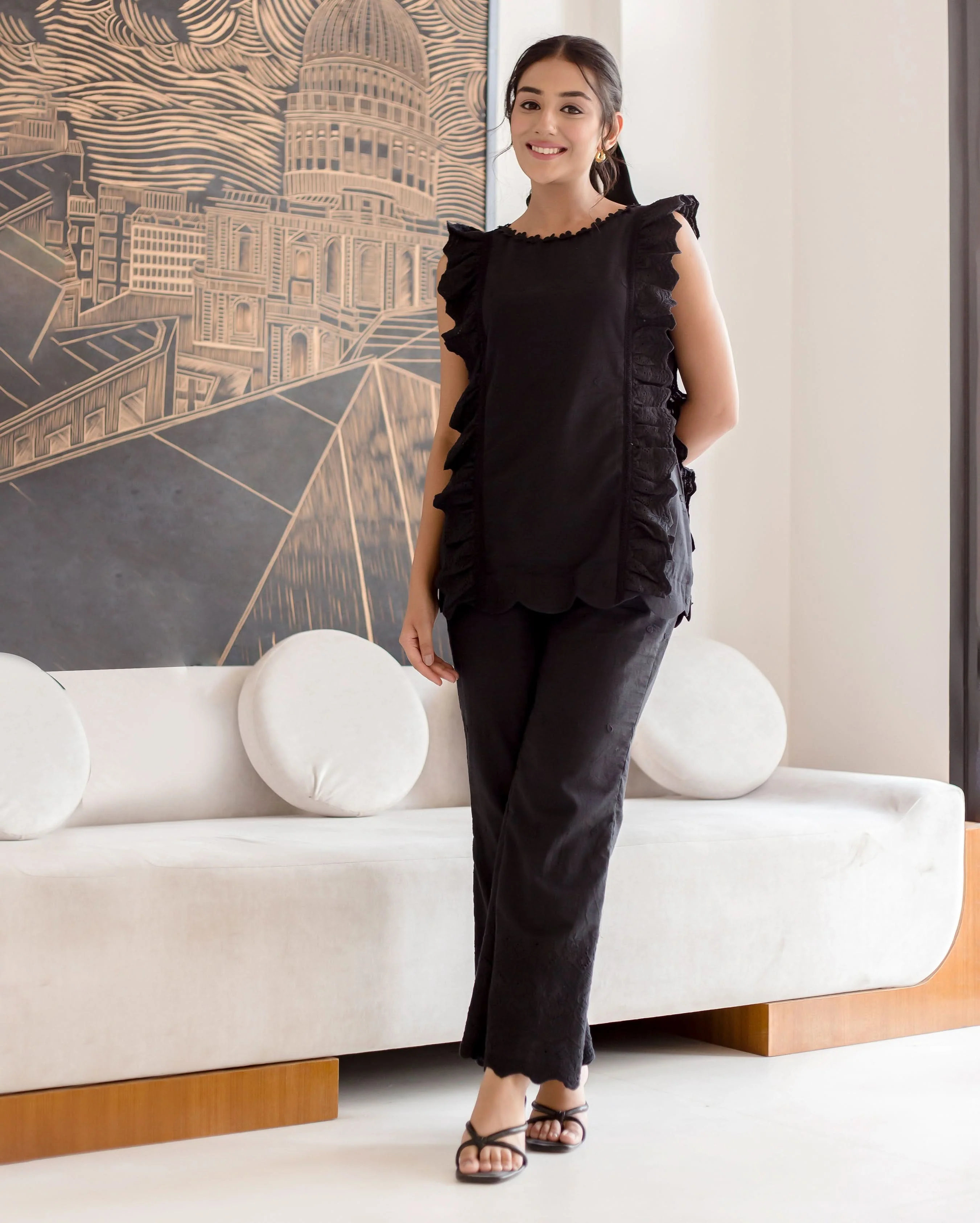 Raven Black Solid Cotton Schiffli Coord Set - Image 2