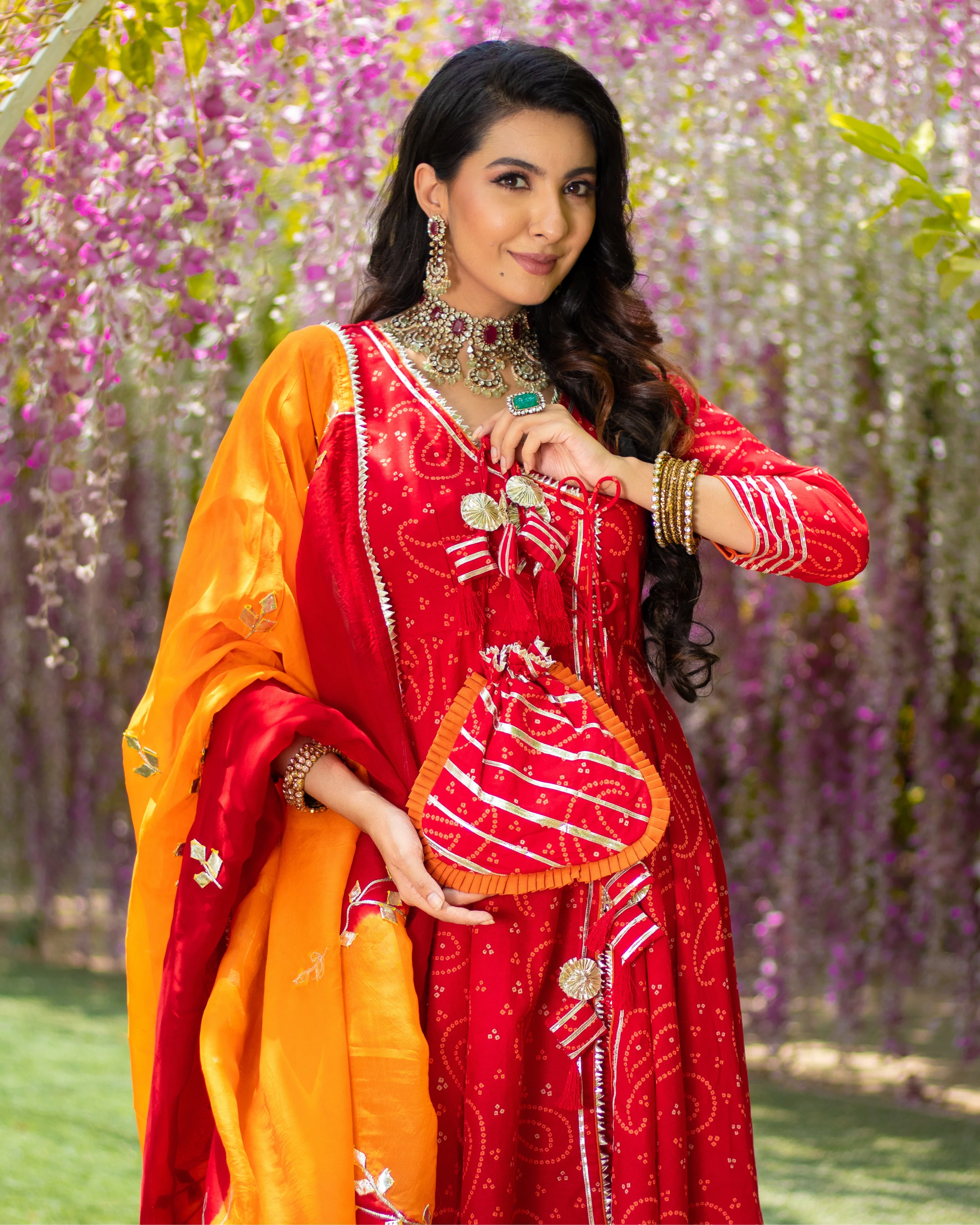 Red Amour Bandhej Gota Suit Set With Gota Potli - Image 6