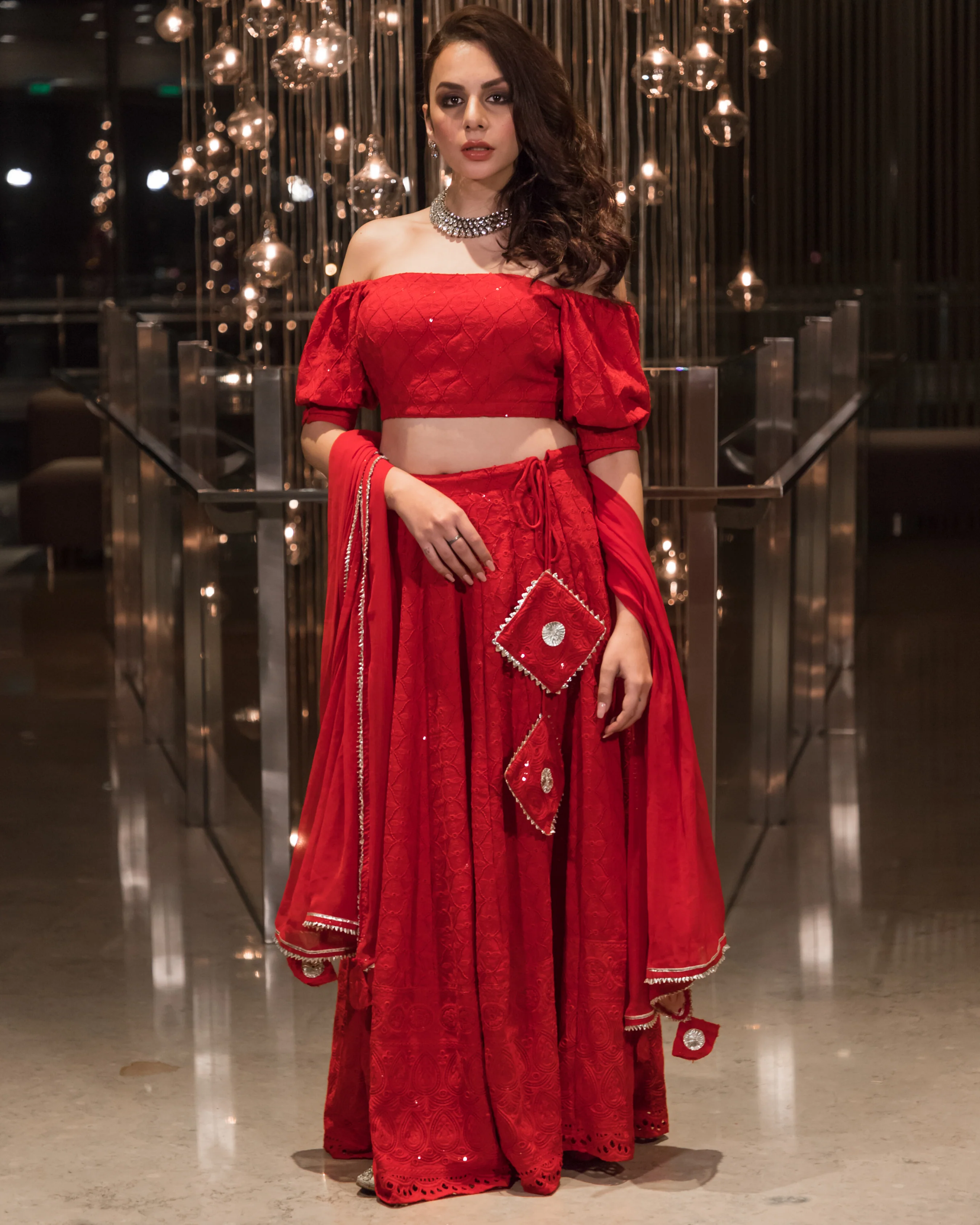 Red Chikankari Gotapatti Lehenga Set - Image 4
