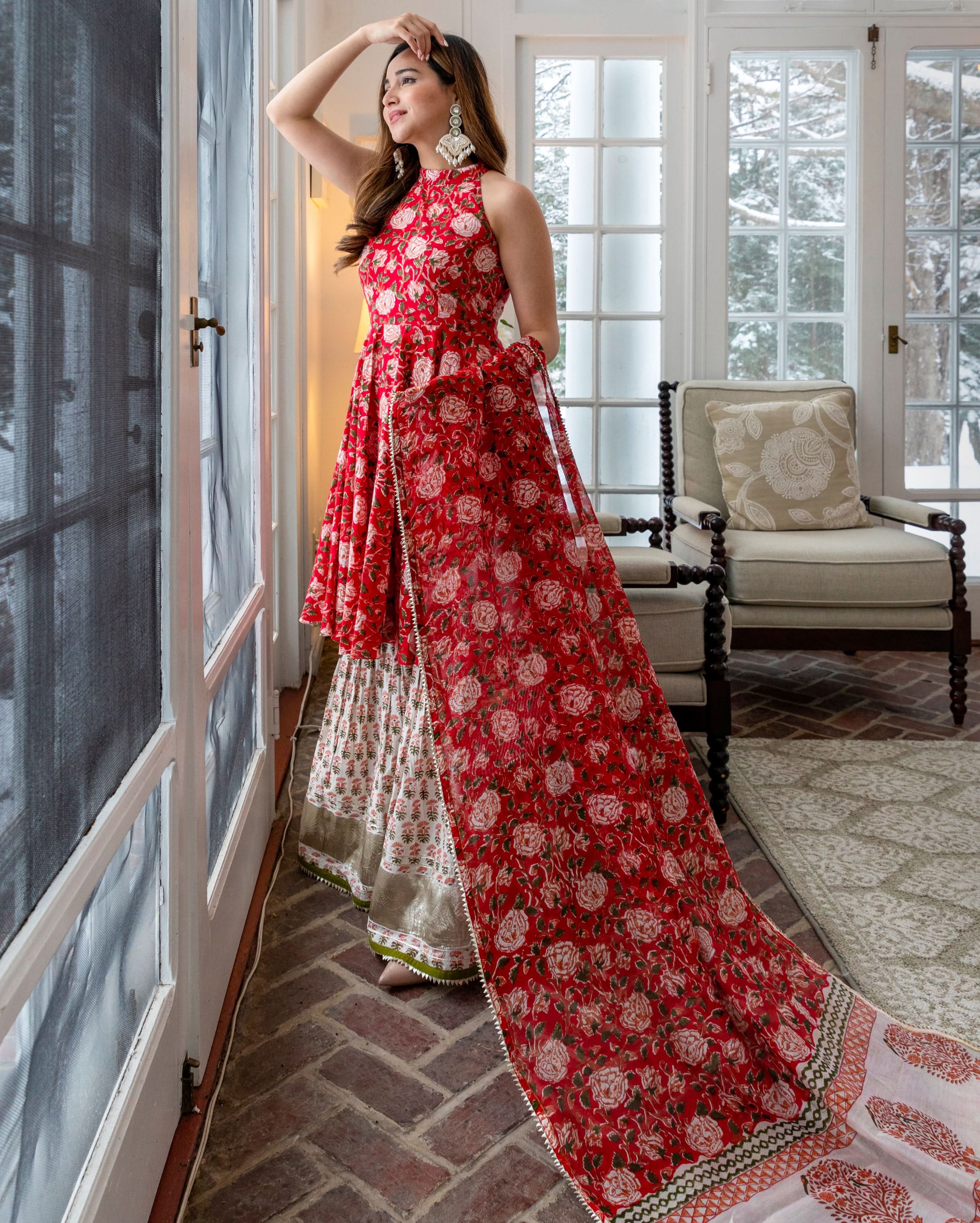 Red Finch Handblock Sharara Set - Image 3
