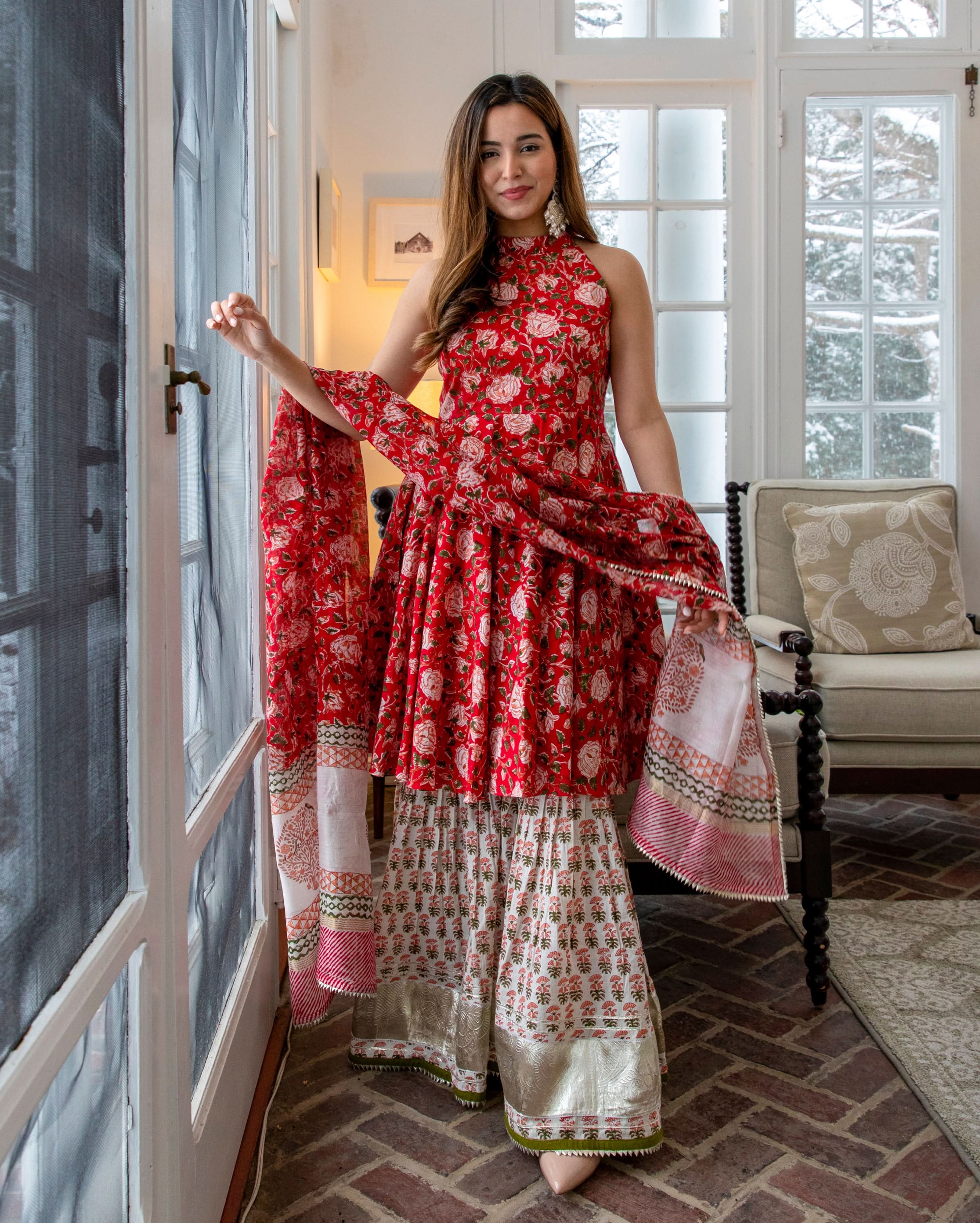 Red Finch Handblock Sharara Set - Image 4