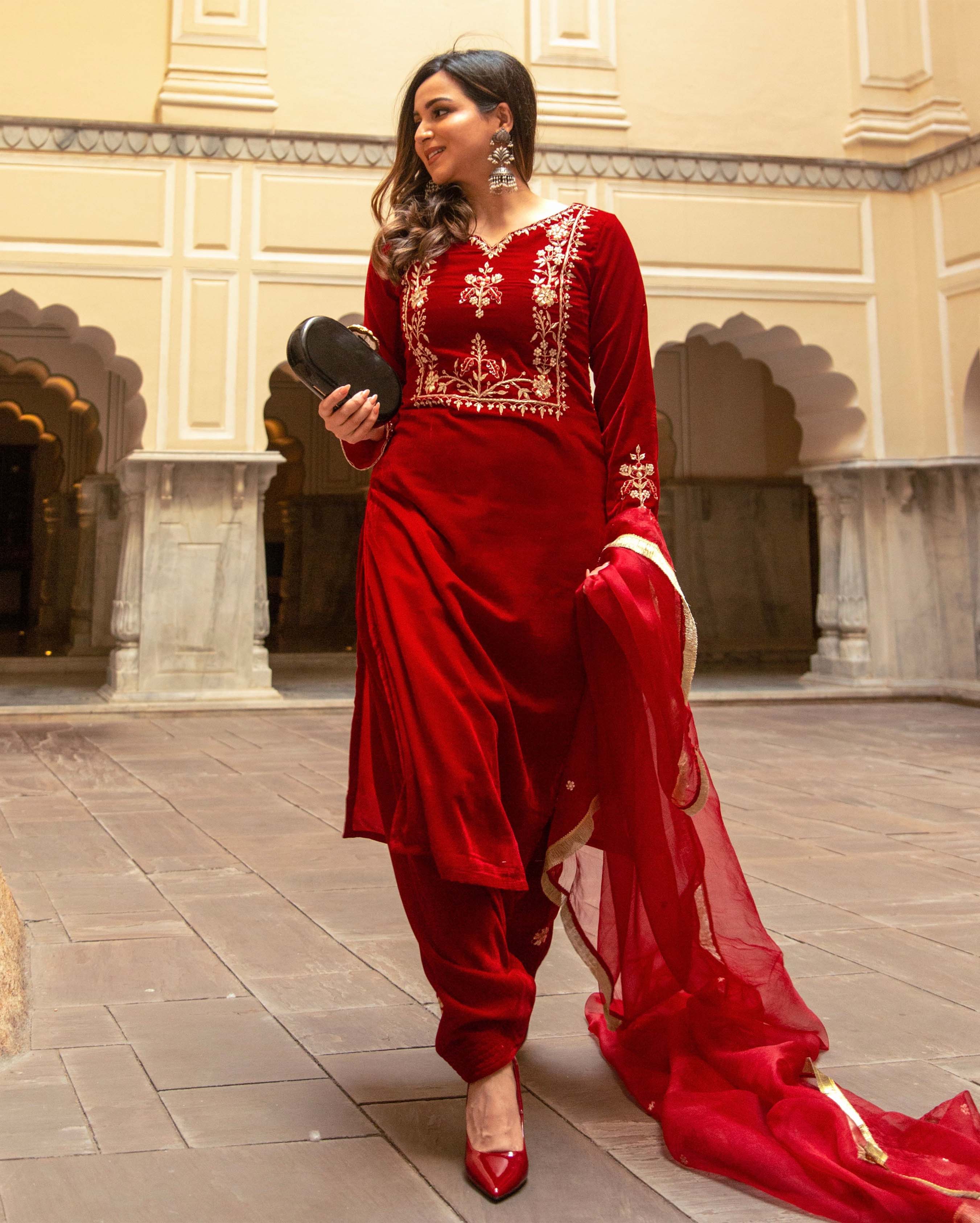 Red Rythm Velvet Handcrafted Suit Set - Image 3