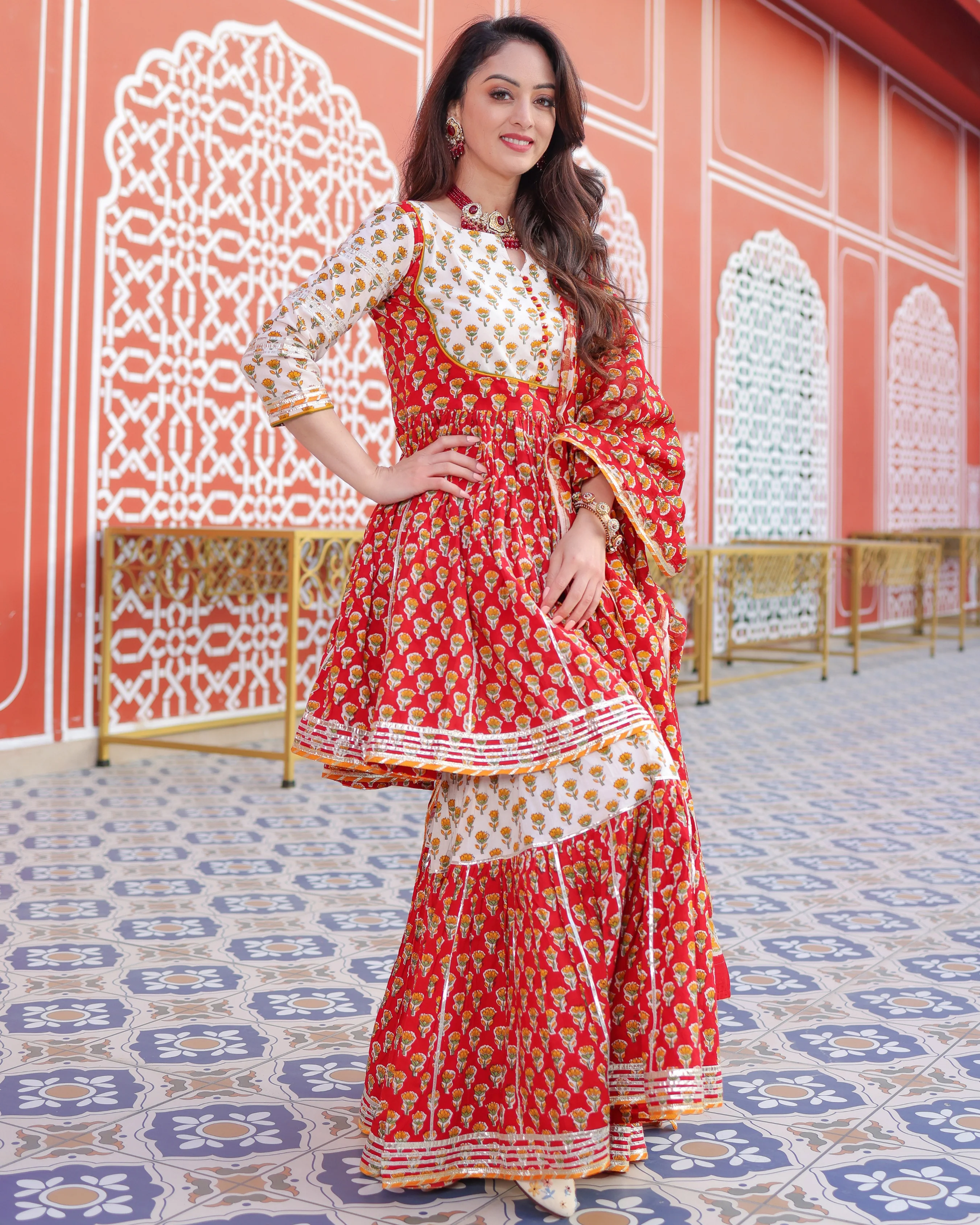Red Salsa Handblock Sharara Set - Image 3