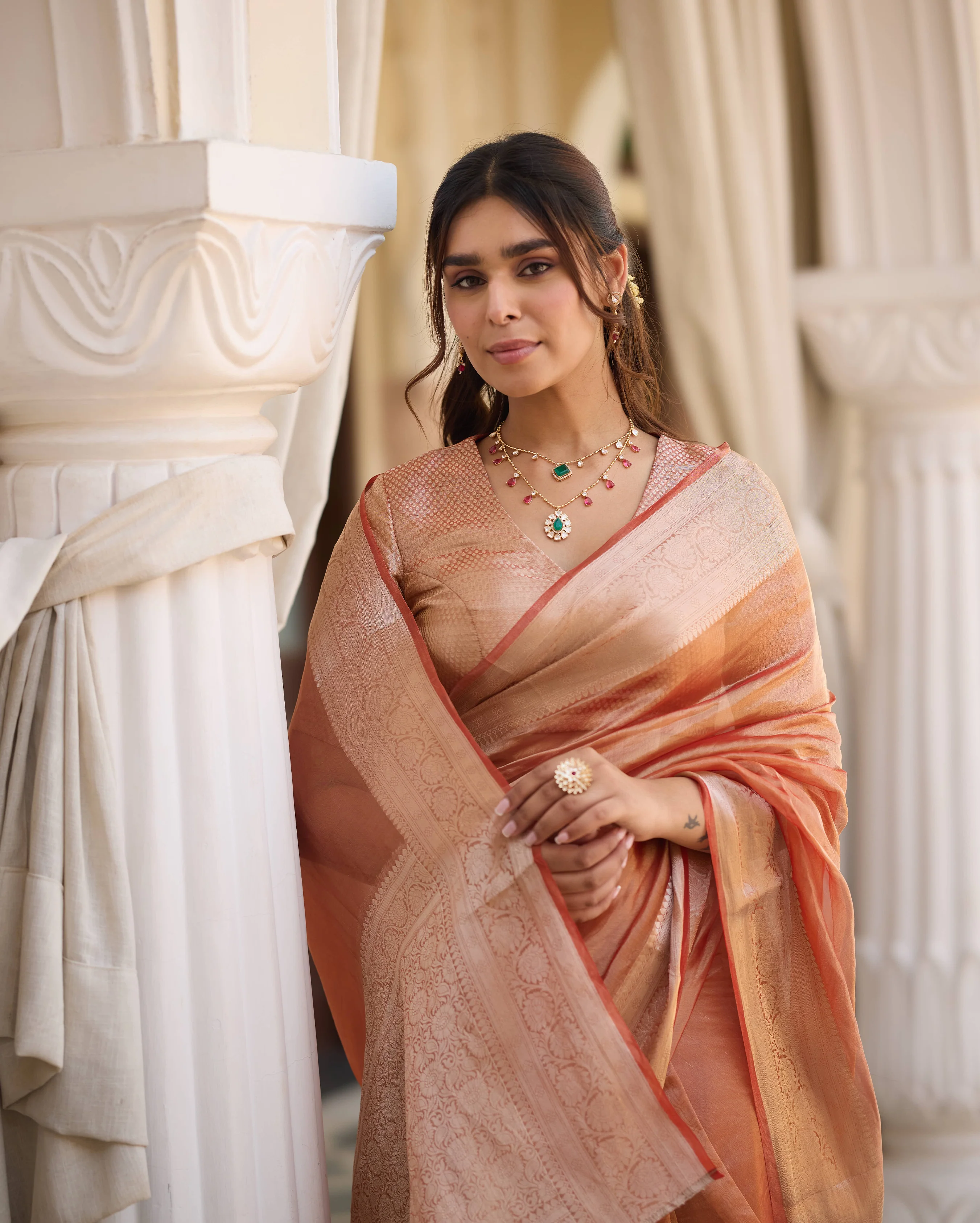 Resham Orange Solid Pure Tissue Saree - Image 5