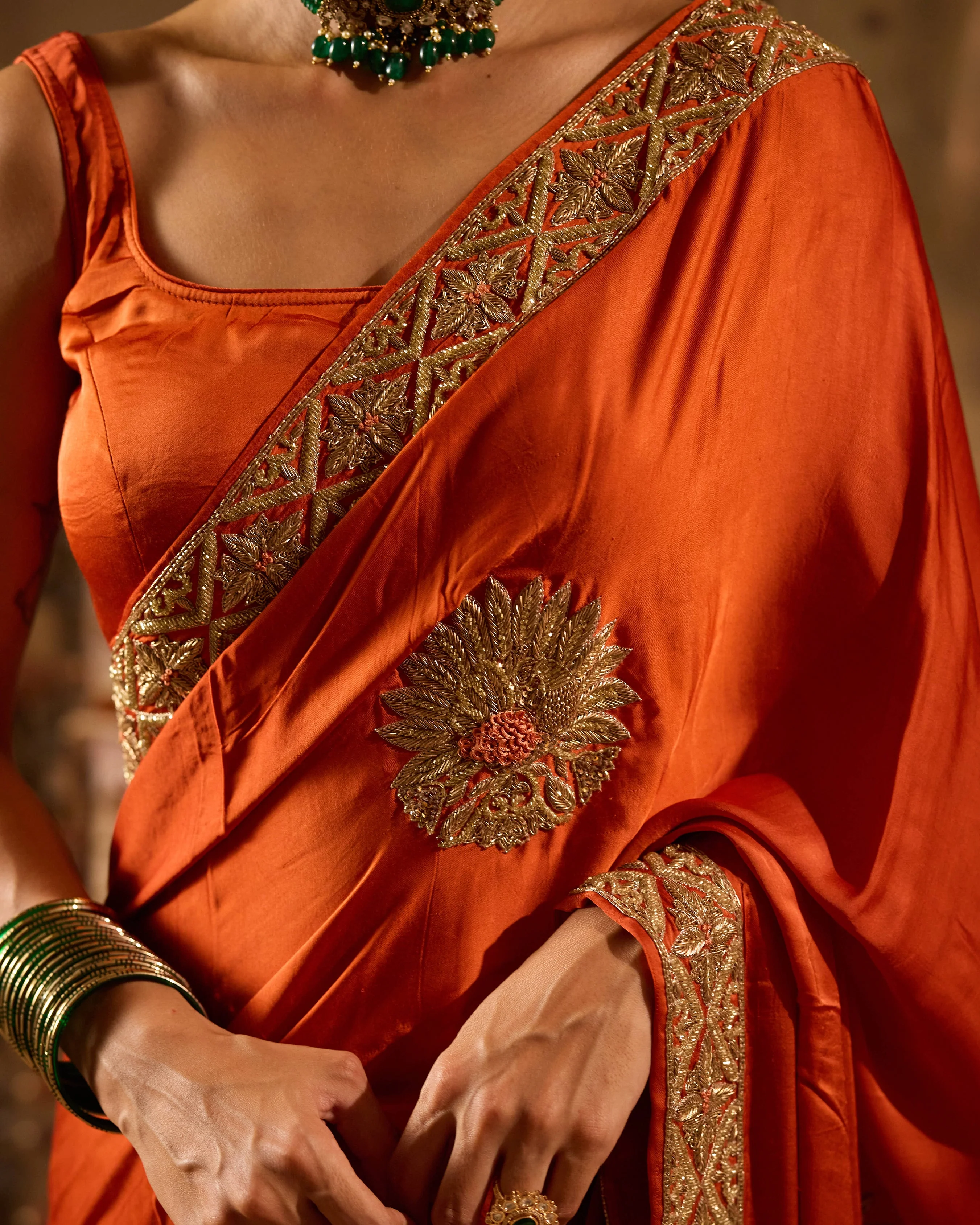 Rooh Rust Orange Handcrafted Satin Saree - Image 3