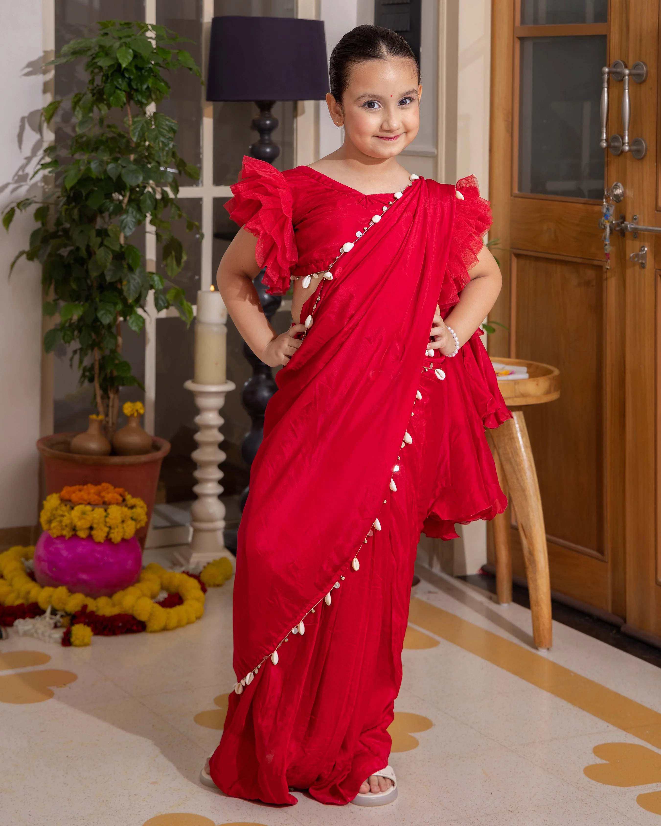 Roop Red Solid Crepe Pre Draped Saree - Image 3