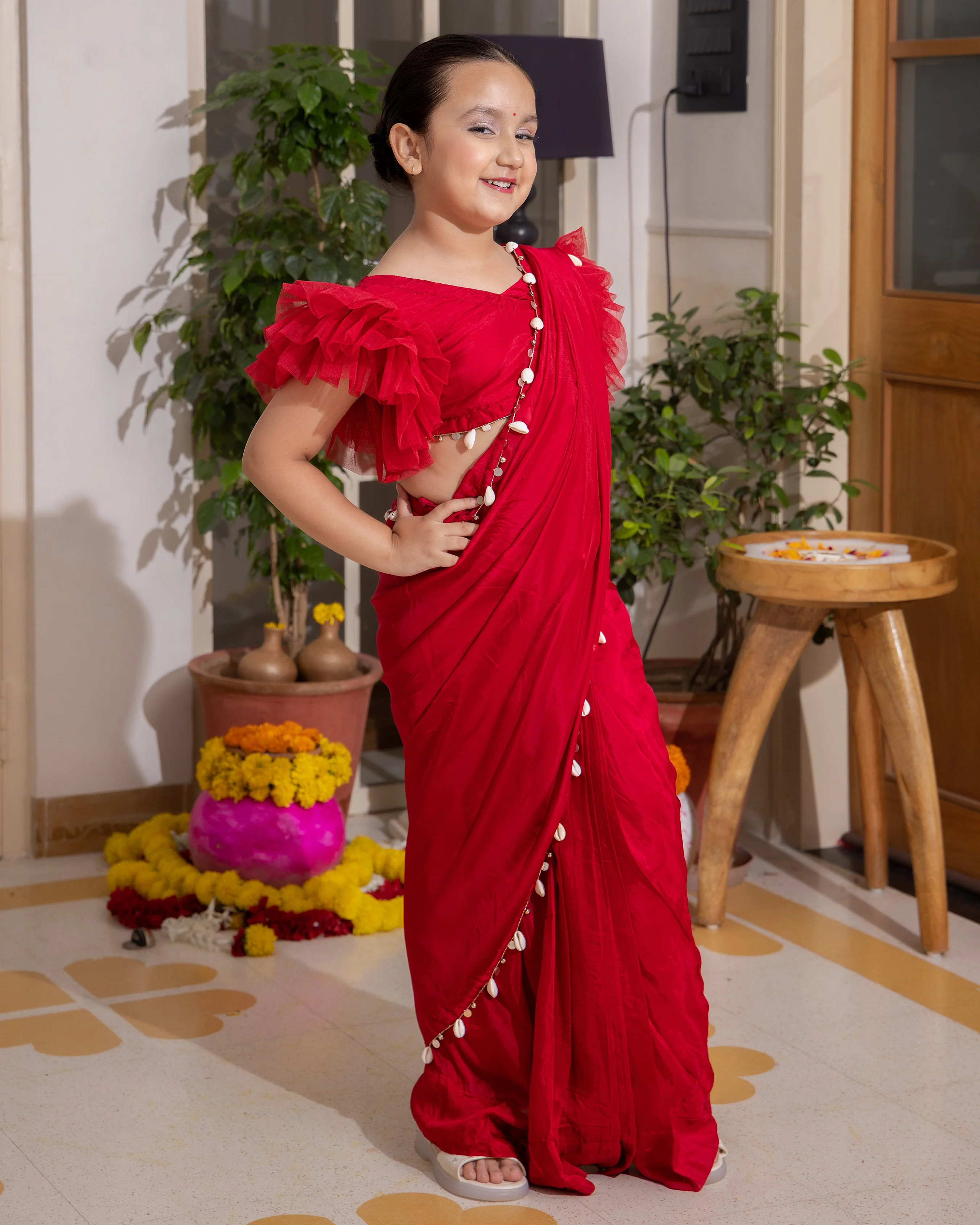 Roop Red Solid Crepe Pre Draped Saree - Image 4