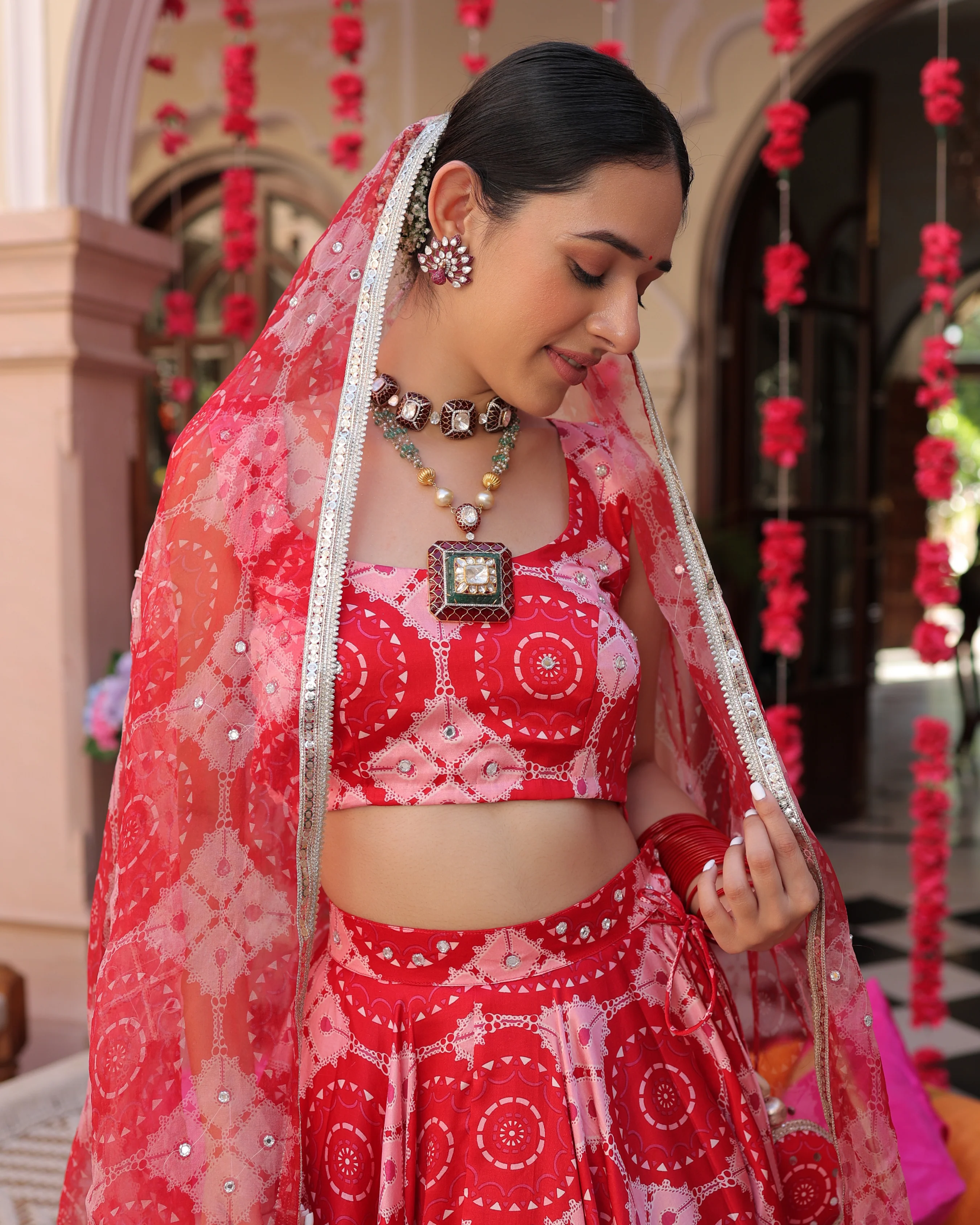 Ruby And Cream Rhapsody Printed Satin Lehenga Set - Image 11