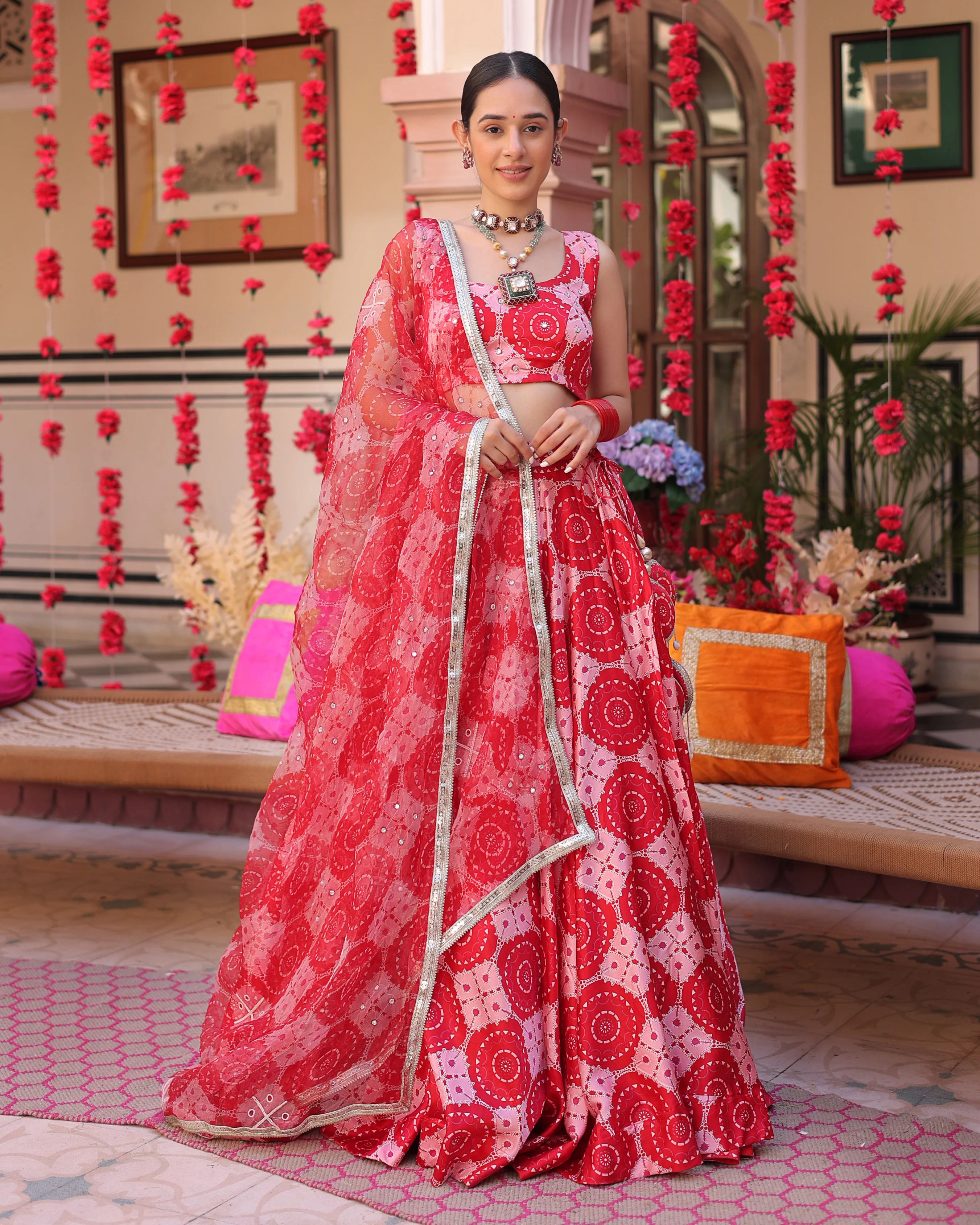 Ruby And Cream Rhapsody Printed Satin Lehenga Set - Image 2
