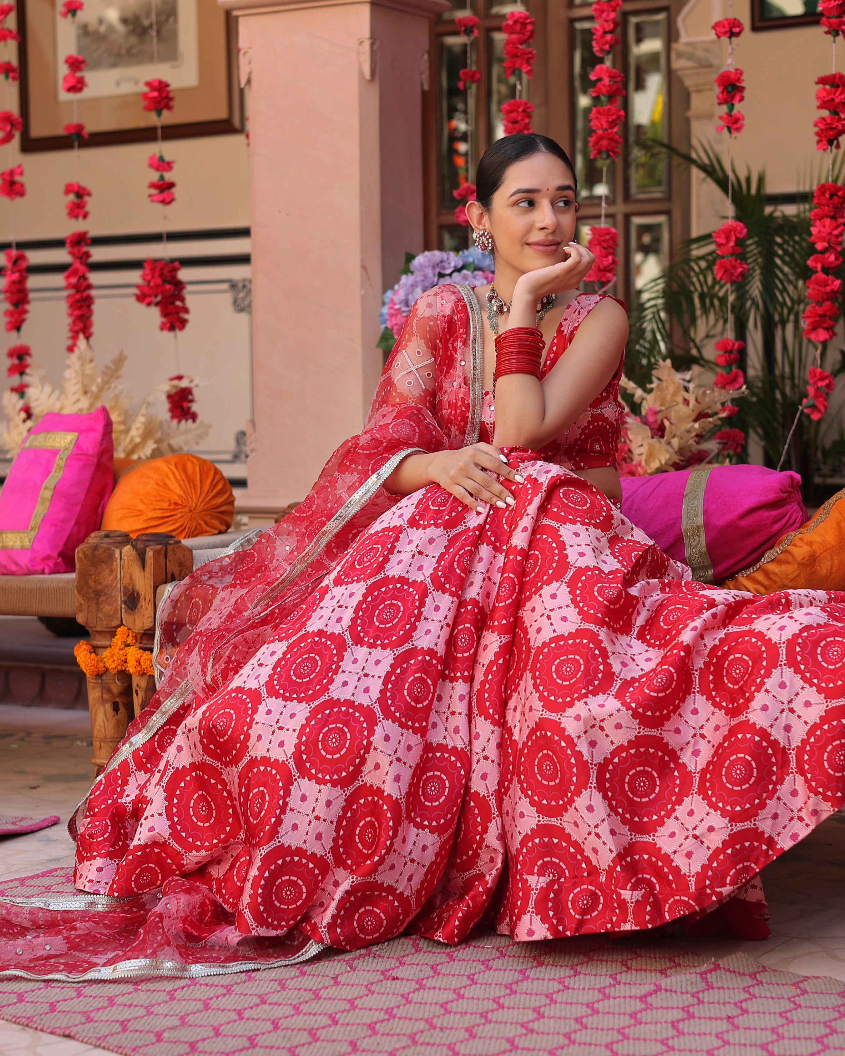 Ruby And Cream Rhapsody Printed Satin Lehenga Set - Image 3