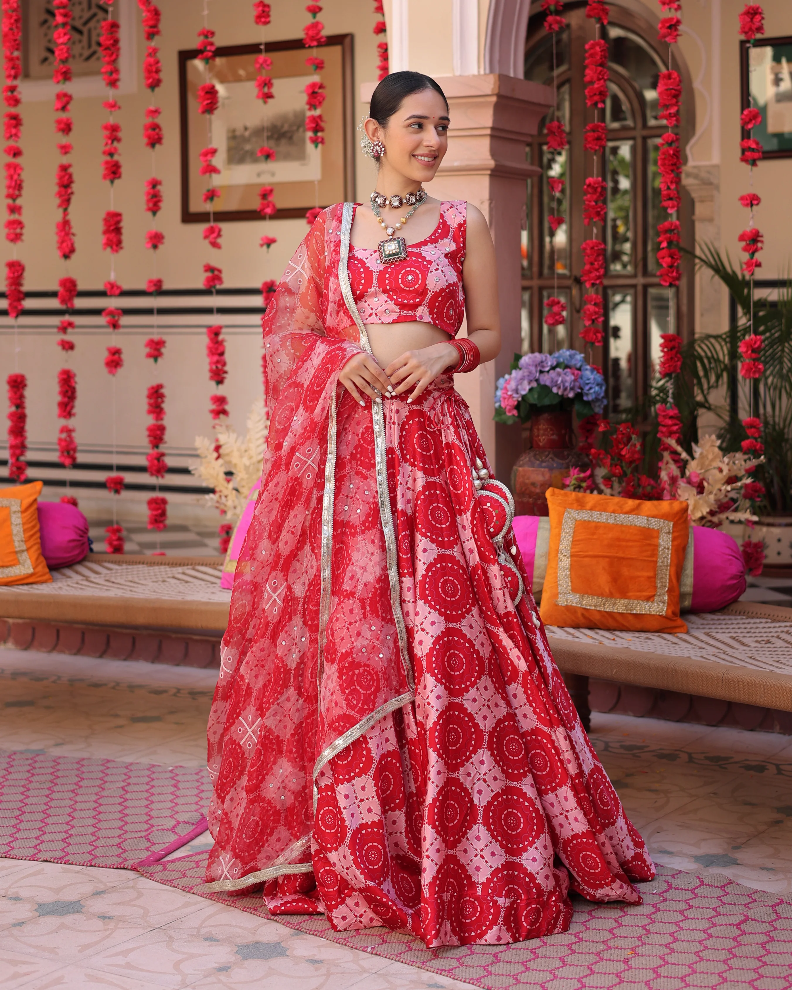 Ruby And Cream Rhapsody Printed Satin Lehenga Set - Image 4