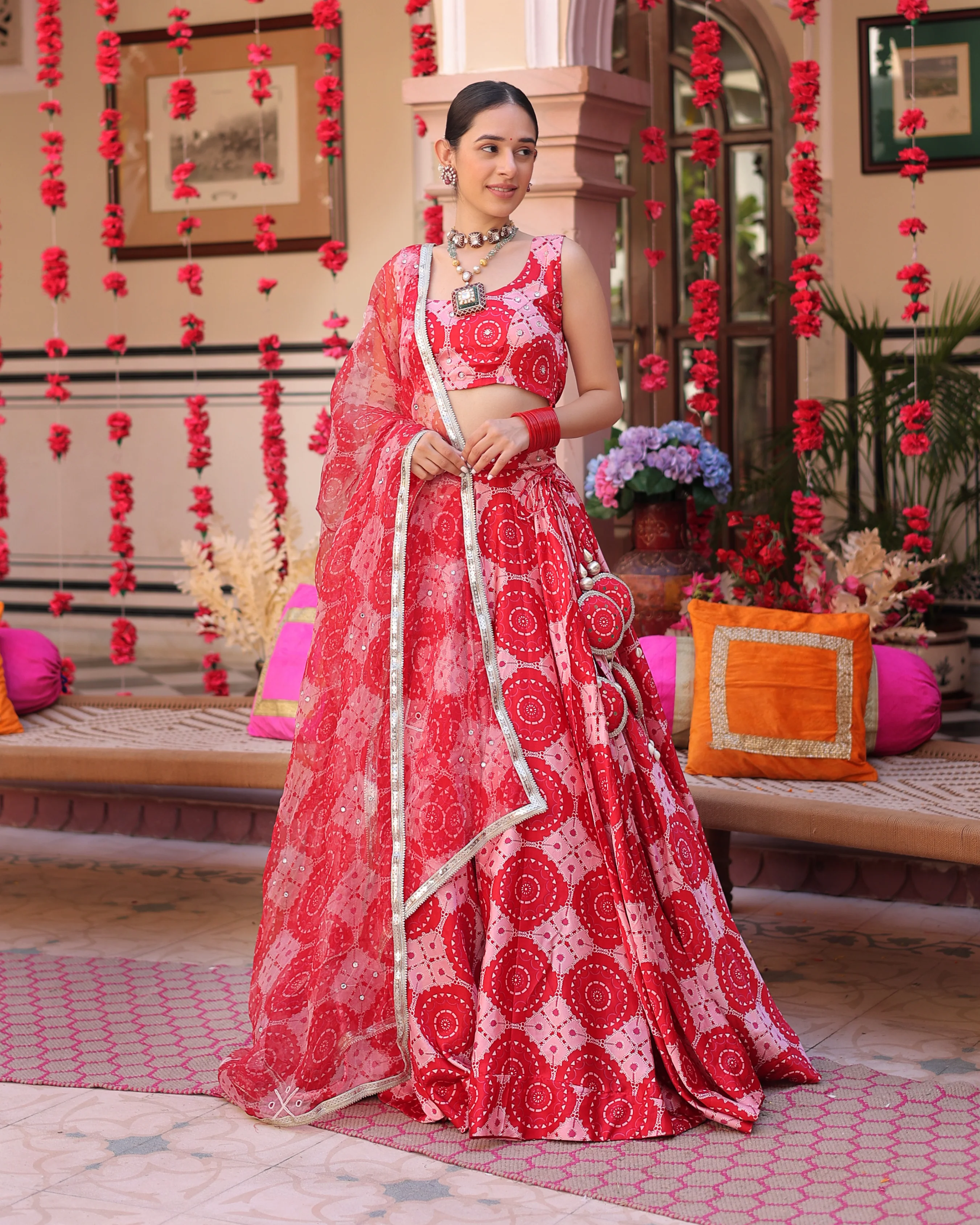 Ruby And Cream Rhapsody Printed Satin Lehenga Set - Image 5
