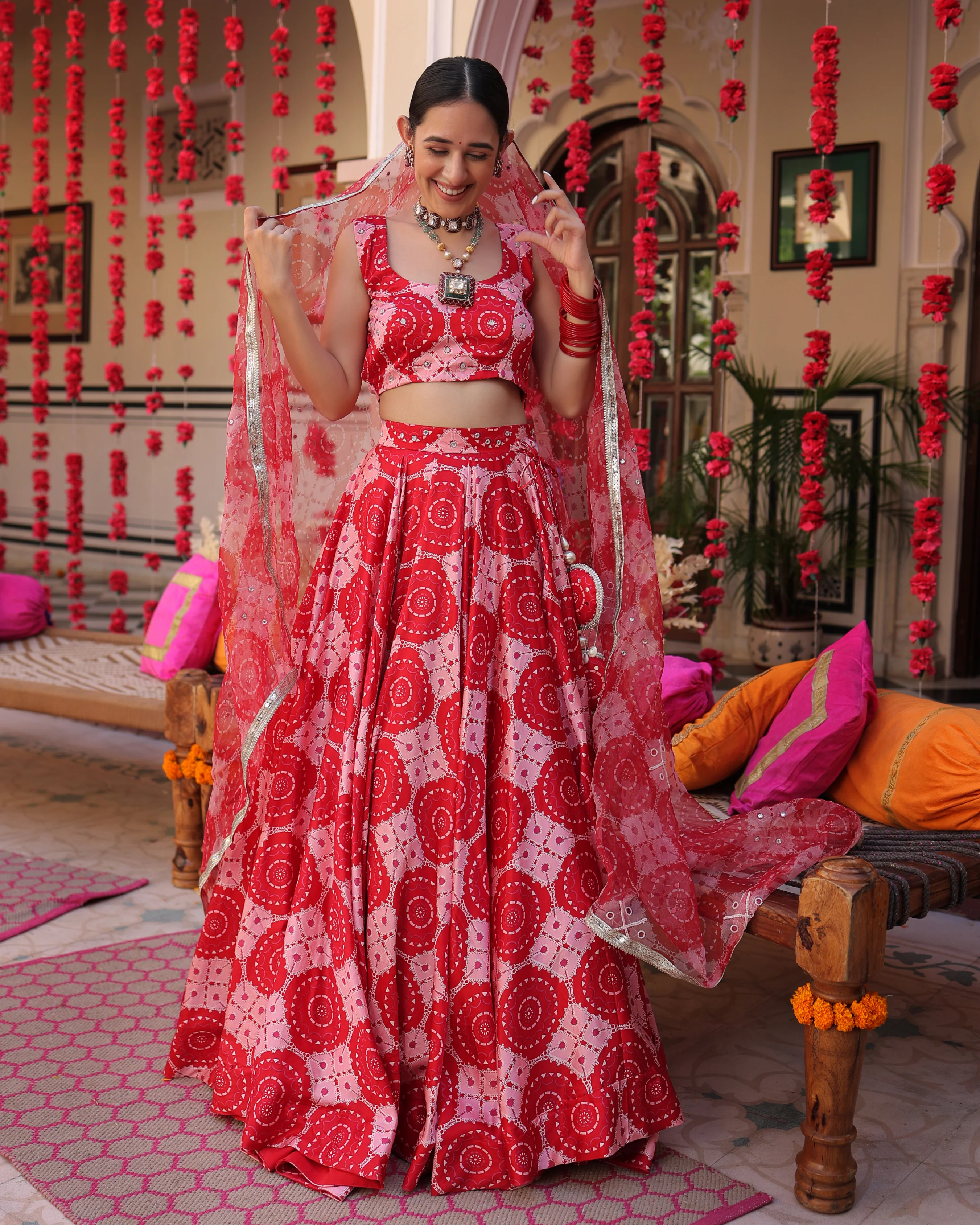 Ruby And Cream Rhapsody Printed Satin Lehenga Set - Image 7