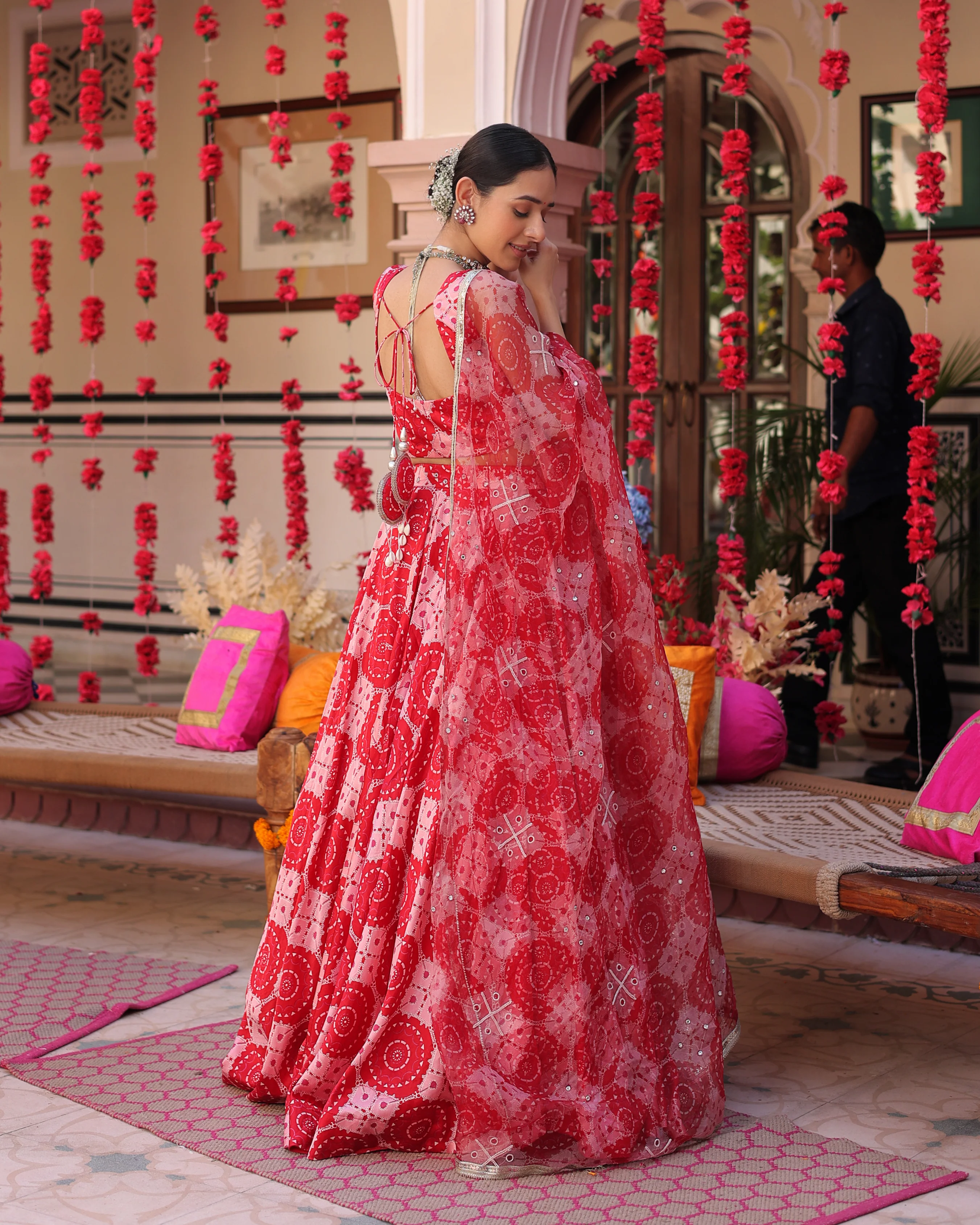 Ruby And Cream Rhapsody Printed Satin Lehenga Set - Image 9