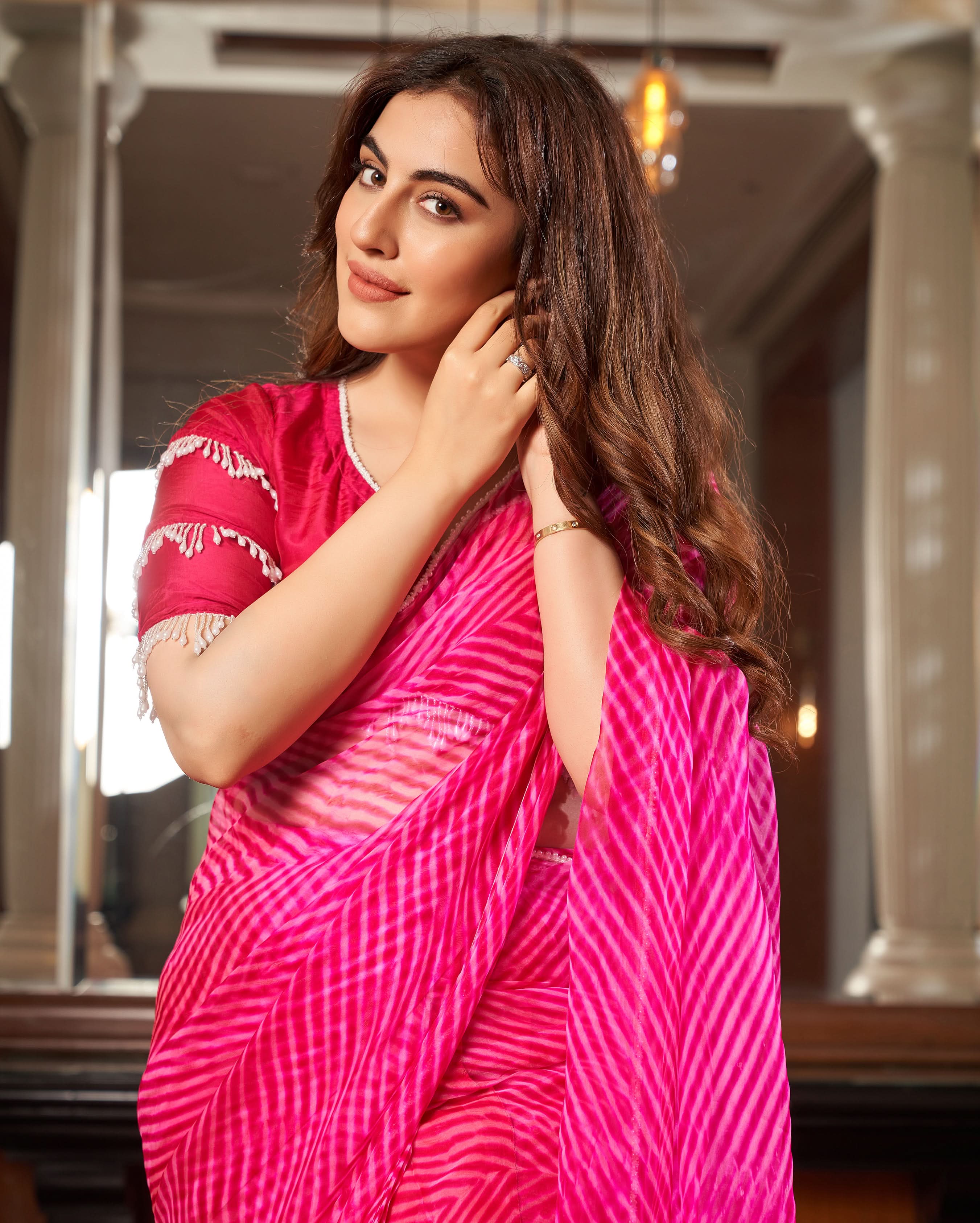 Sangam Pink Leheriya Organza Pre Draped Saree - Image 6