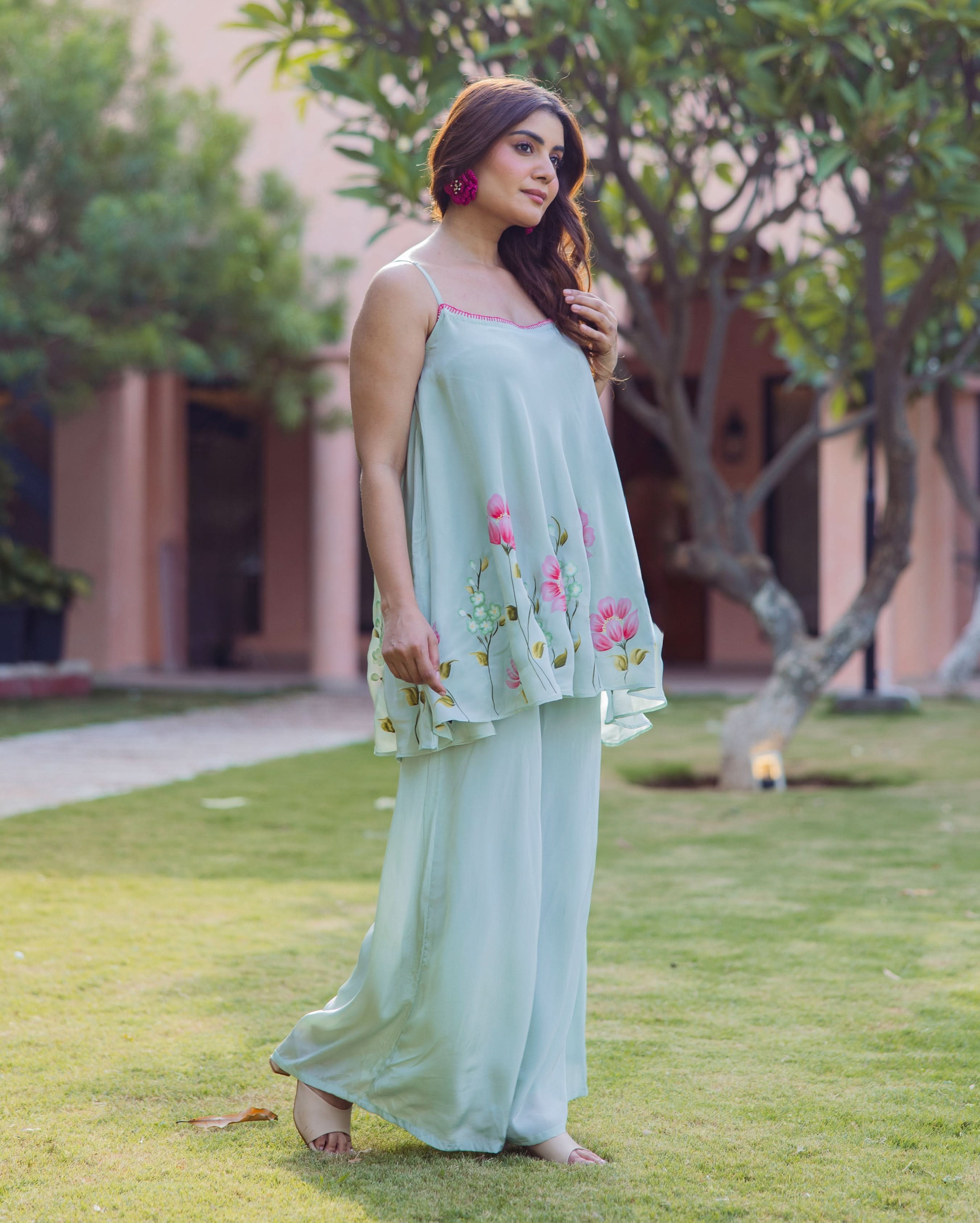 Sanskriti Sage Green Handpainted Crepe Coord Set - Image 5