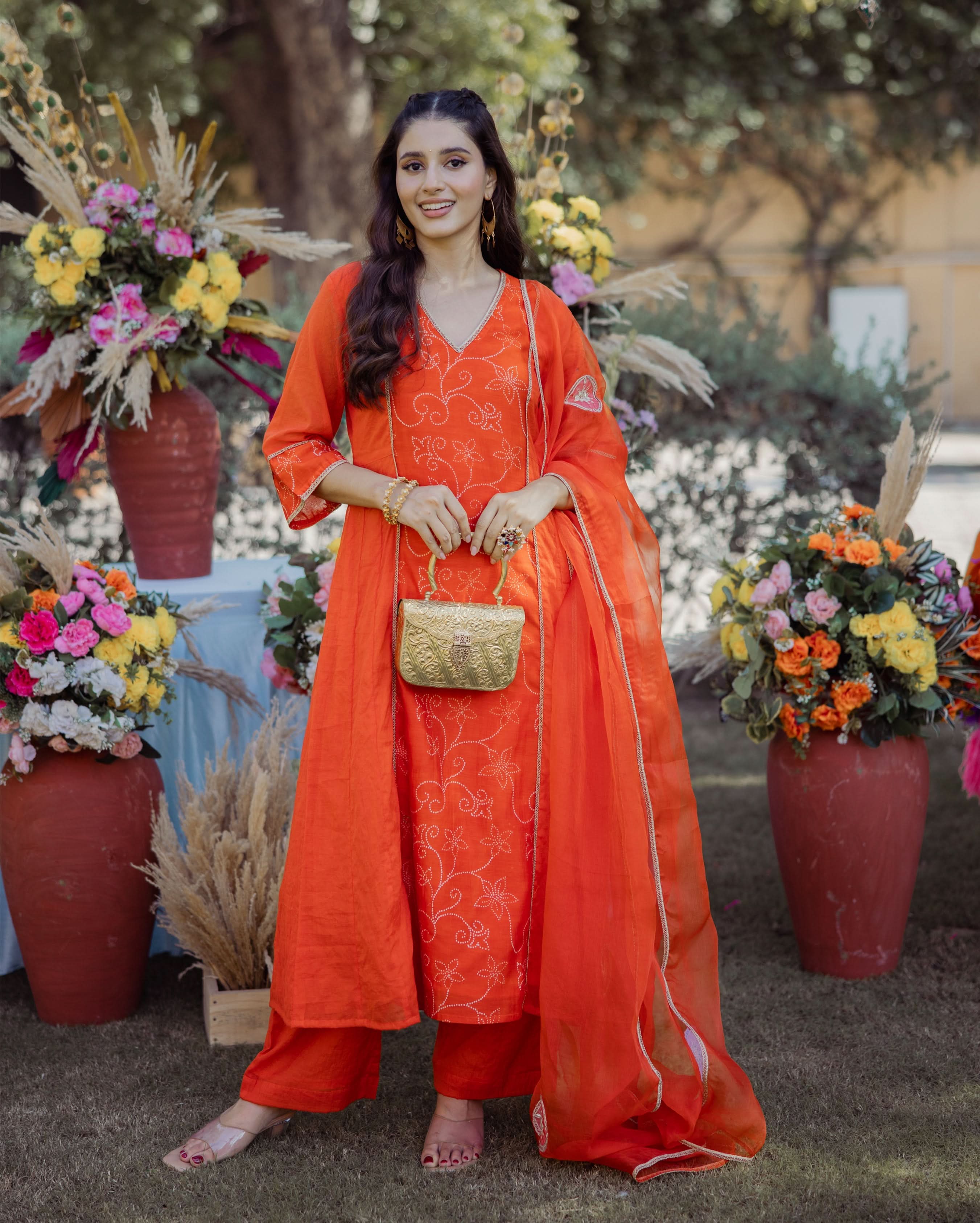 Saumya Orange Bandhani Chanderi Suit Set - Image 2