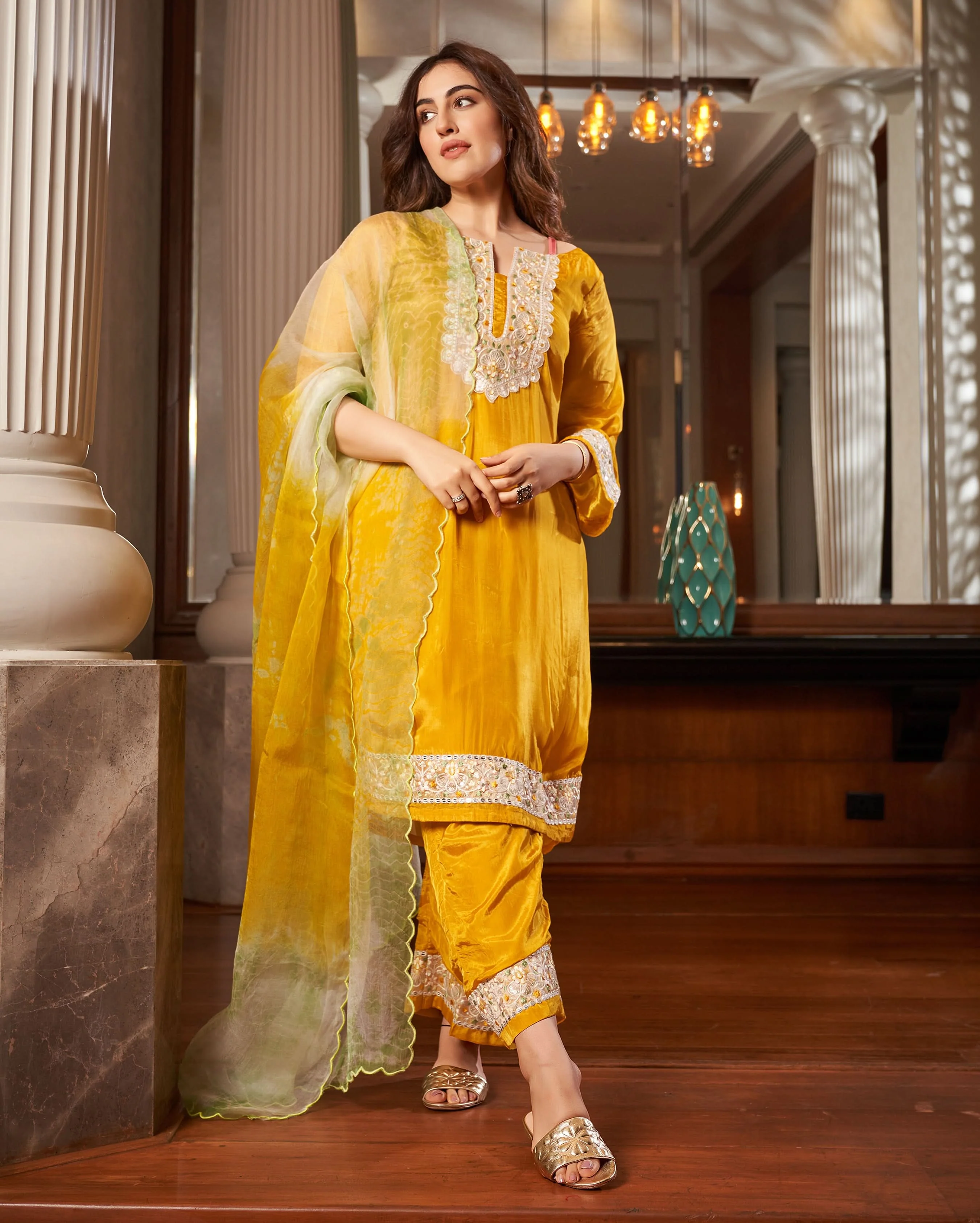 Seedit Yellow Solid Silk Suit Set - Image 2