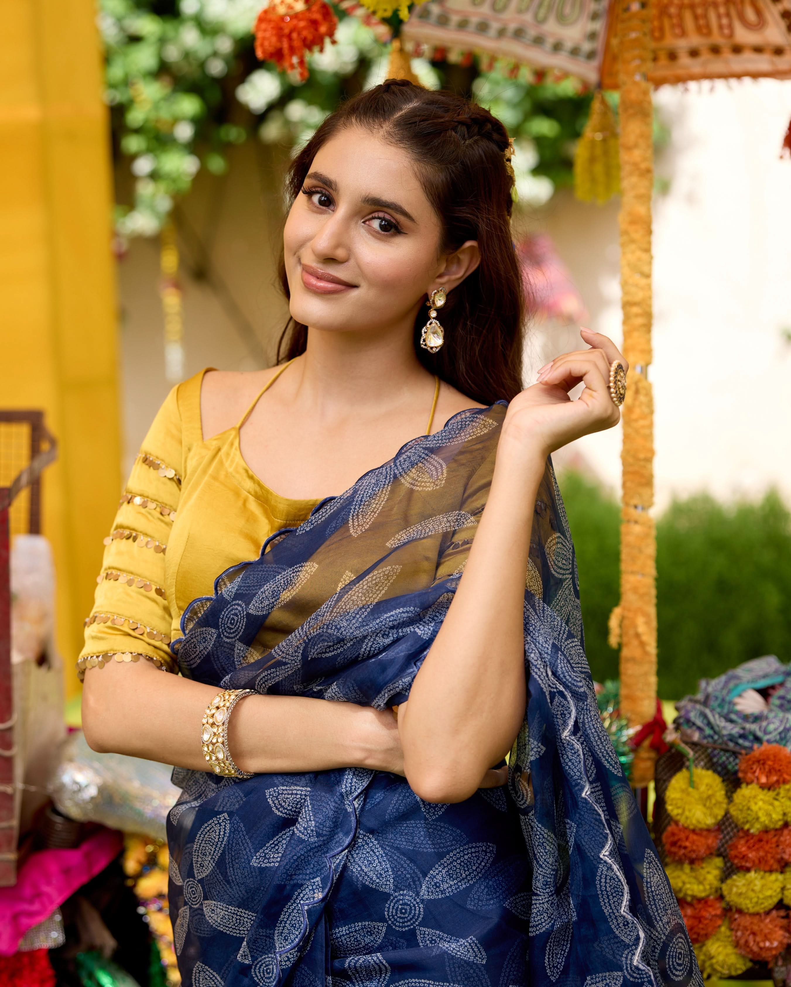 Shabnam Blue Bandhani Organza Saree - Image 7