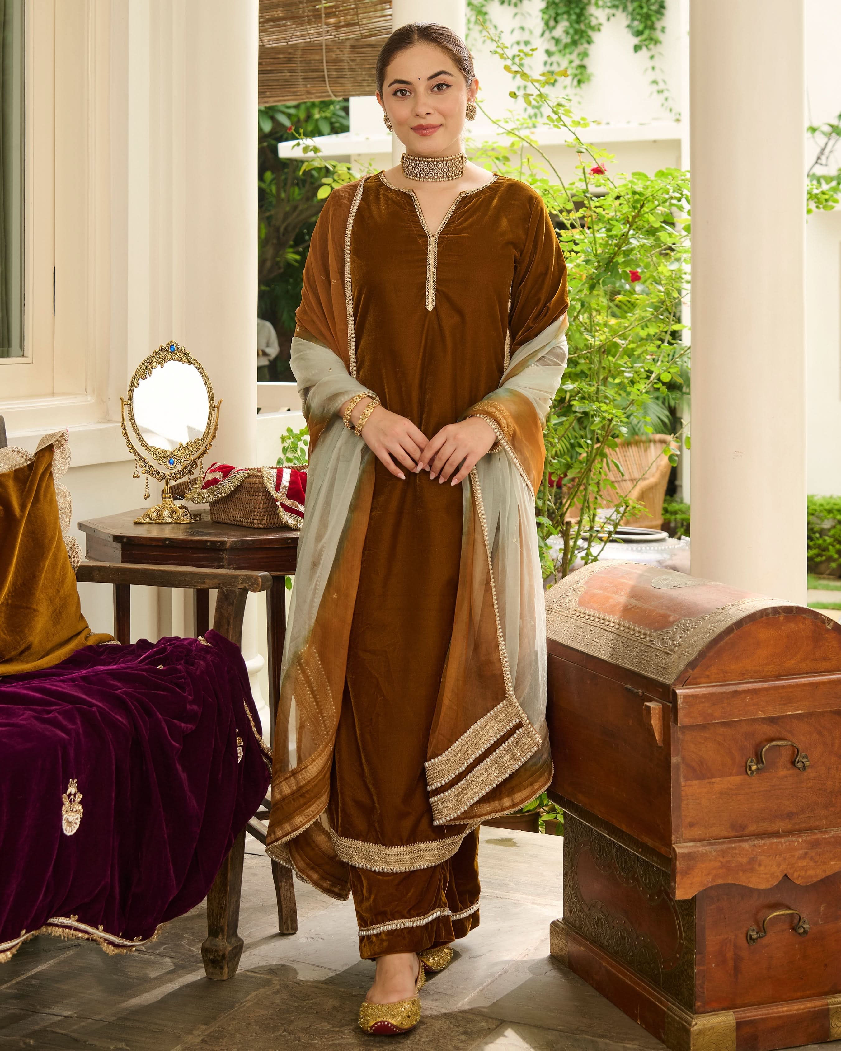 Shaili Mustard Solid Velvet Suit Set - Image 5
