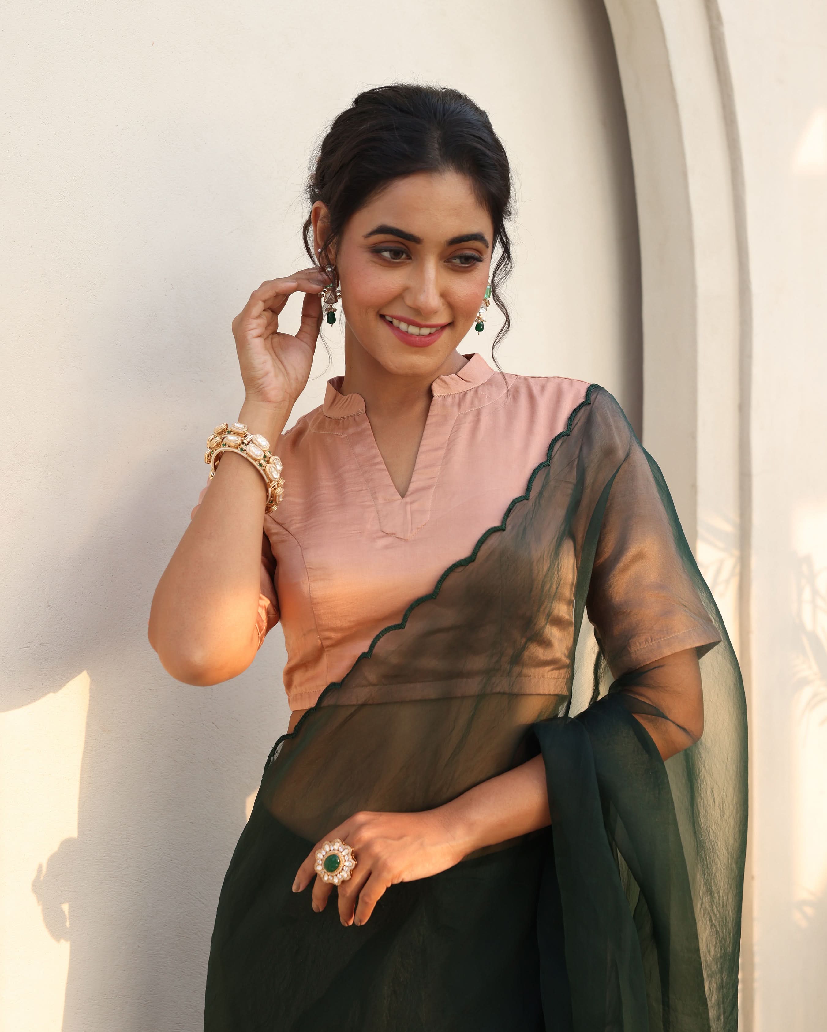 Sharvya Nude Brown Satin Blouse - Image 2