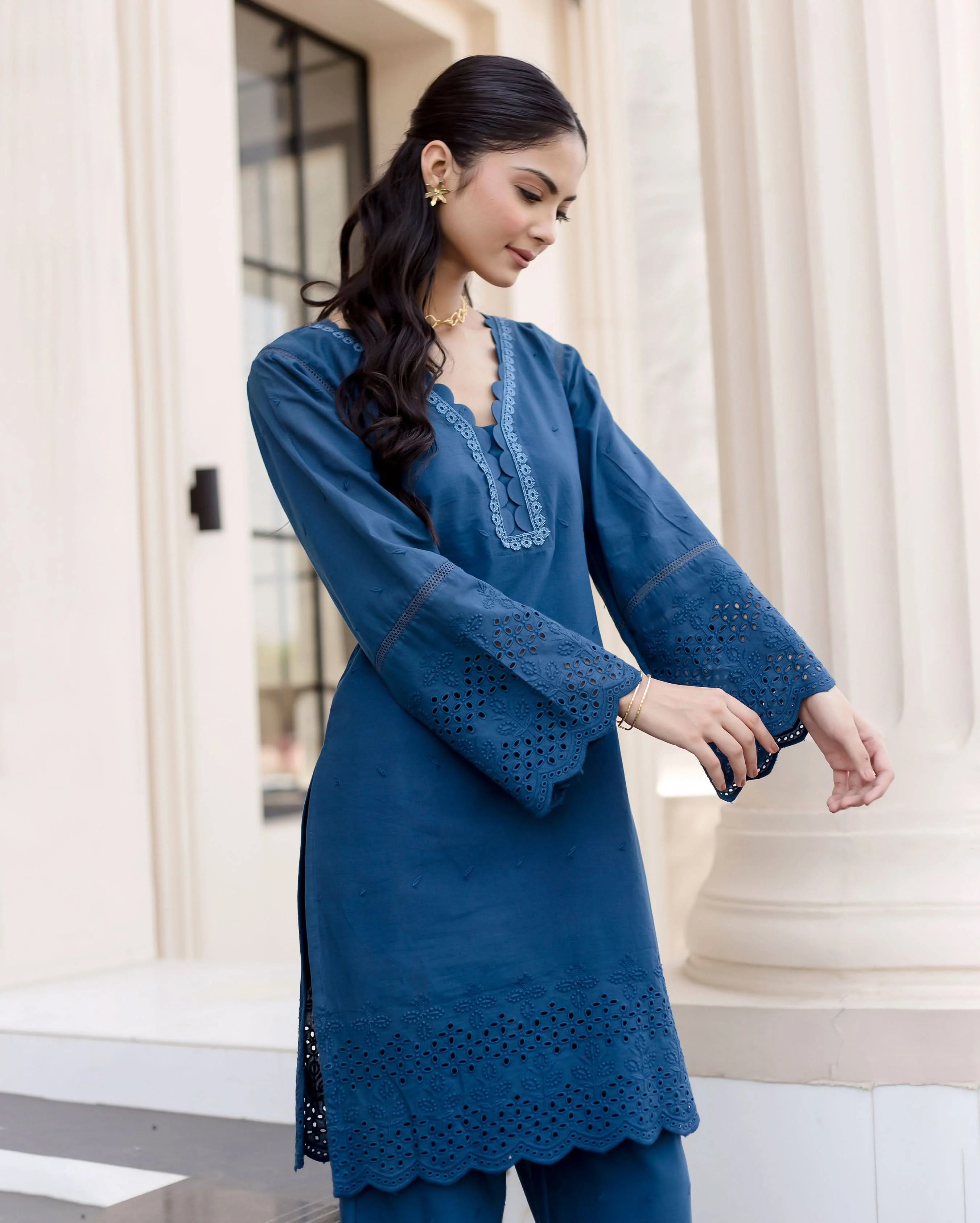 Shrub Teal Blue Solid Cotton Schiffli Coord Set - Image 4