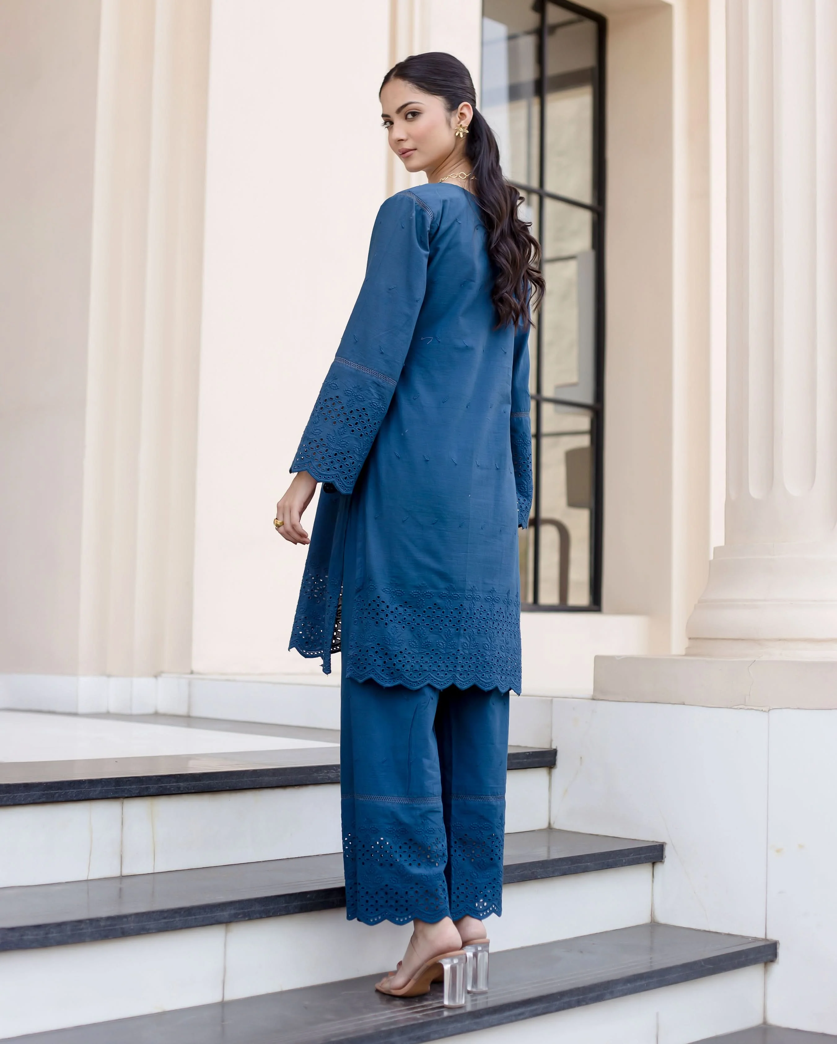 Shrub Teal Blue Solid Cotton Schiffli Coord Set - Image 5