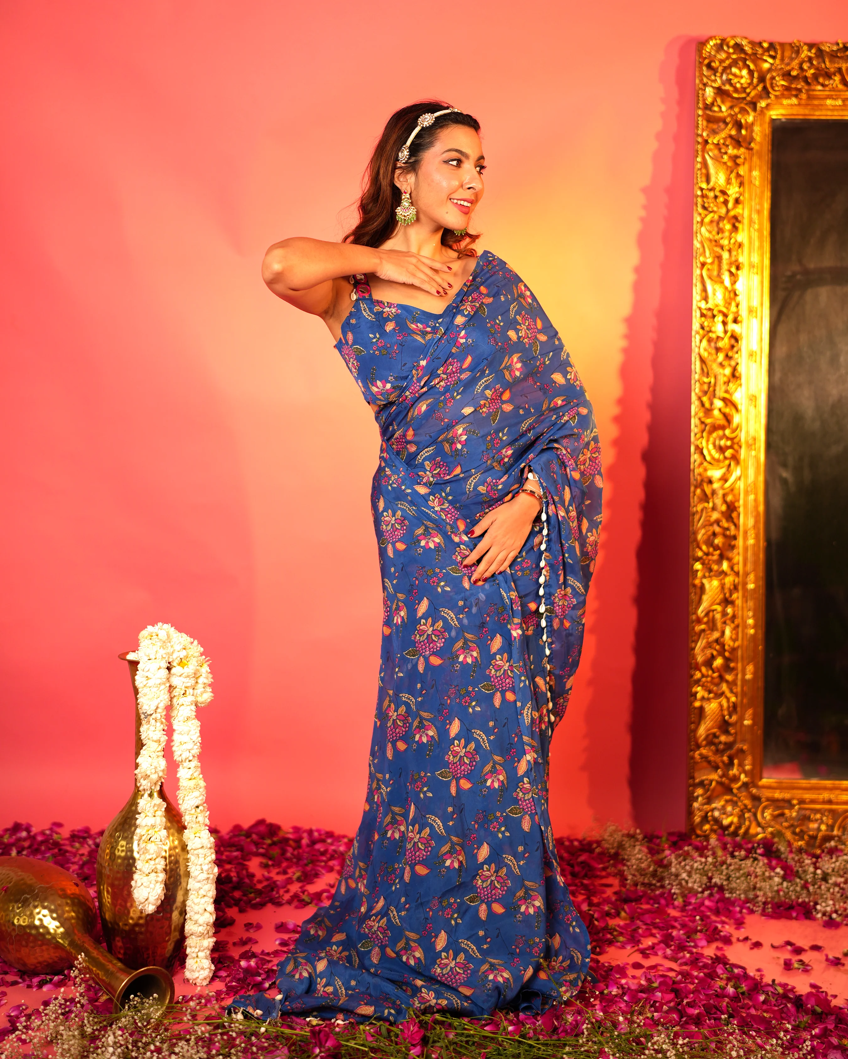 Shruti Blue Printed Chinon Pre-draped Saree - Image 5