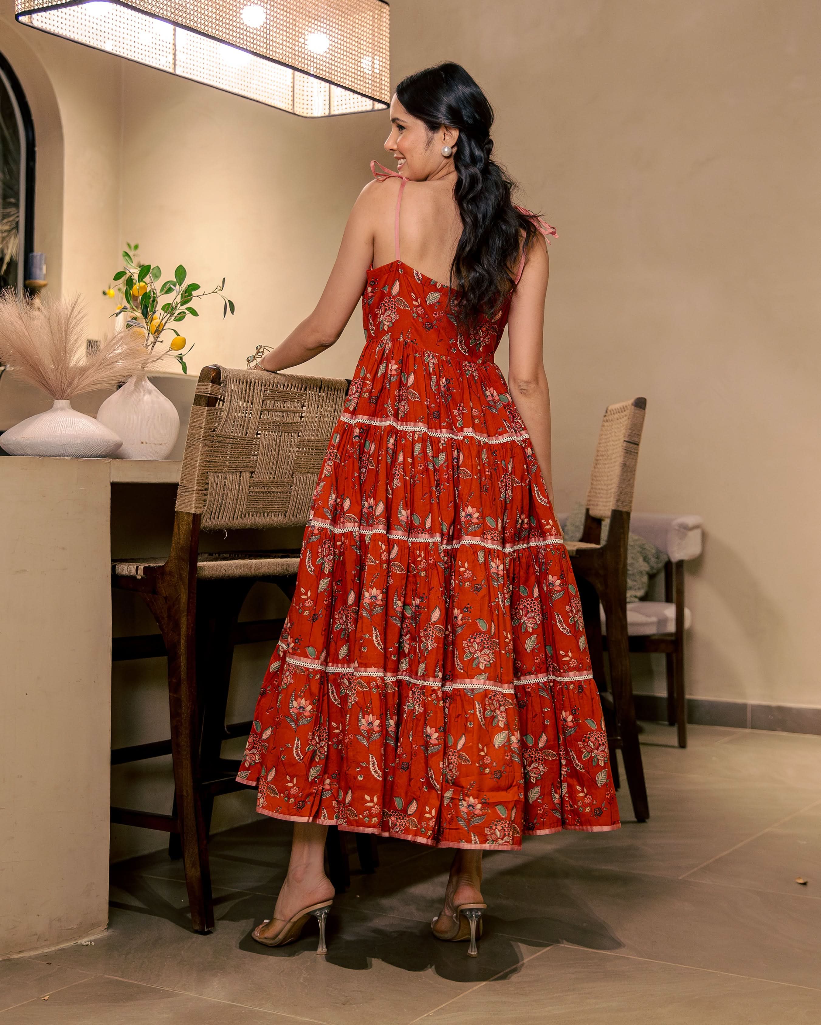 Siri Bloom Rust Orange Cotton Printed Dress - Image 5