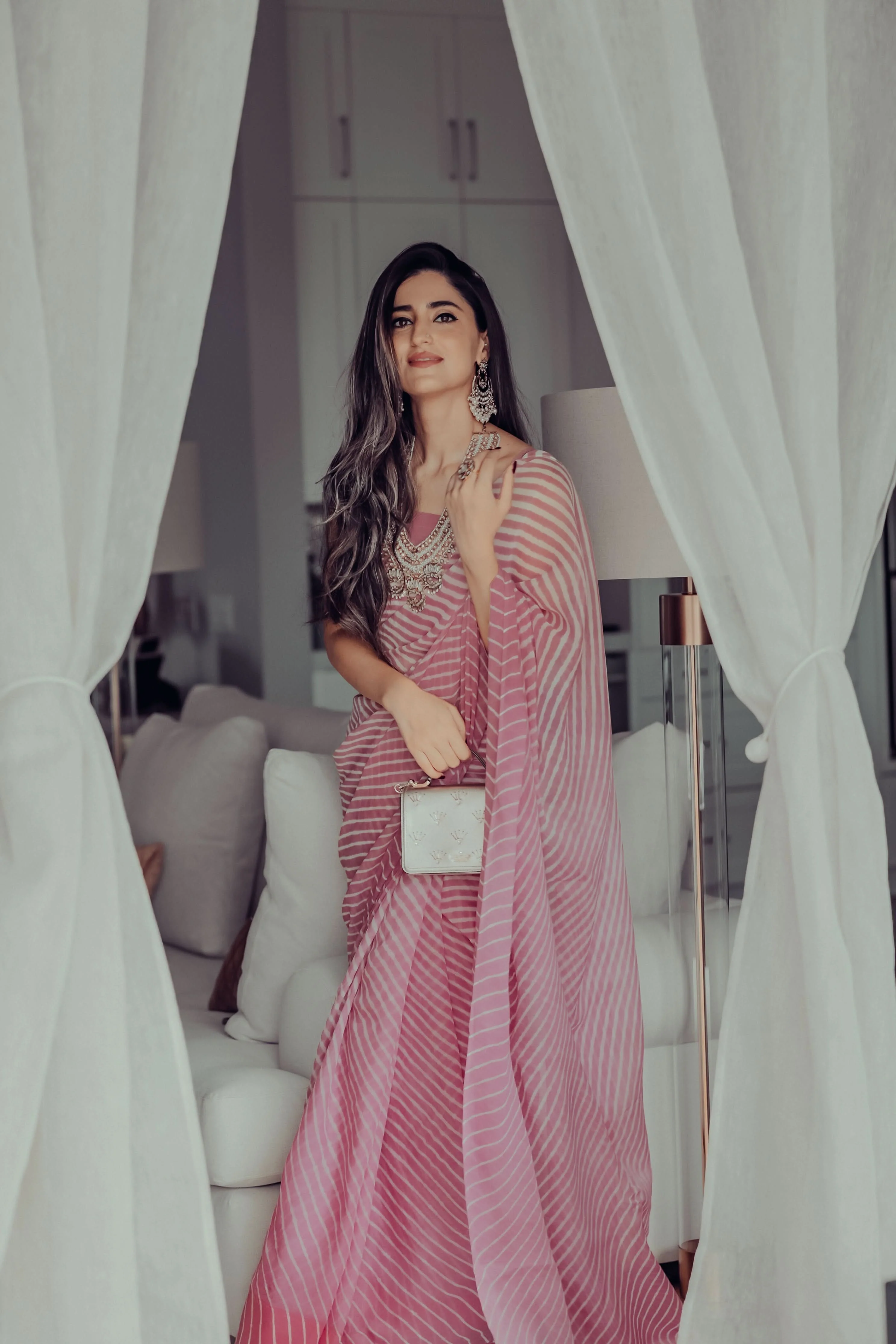 Sophia Dusty Pink Leheriya Pure Chiffon Saree - Image 13