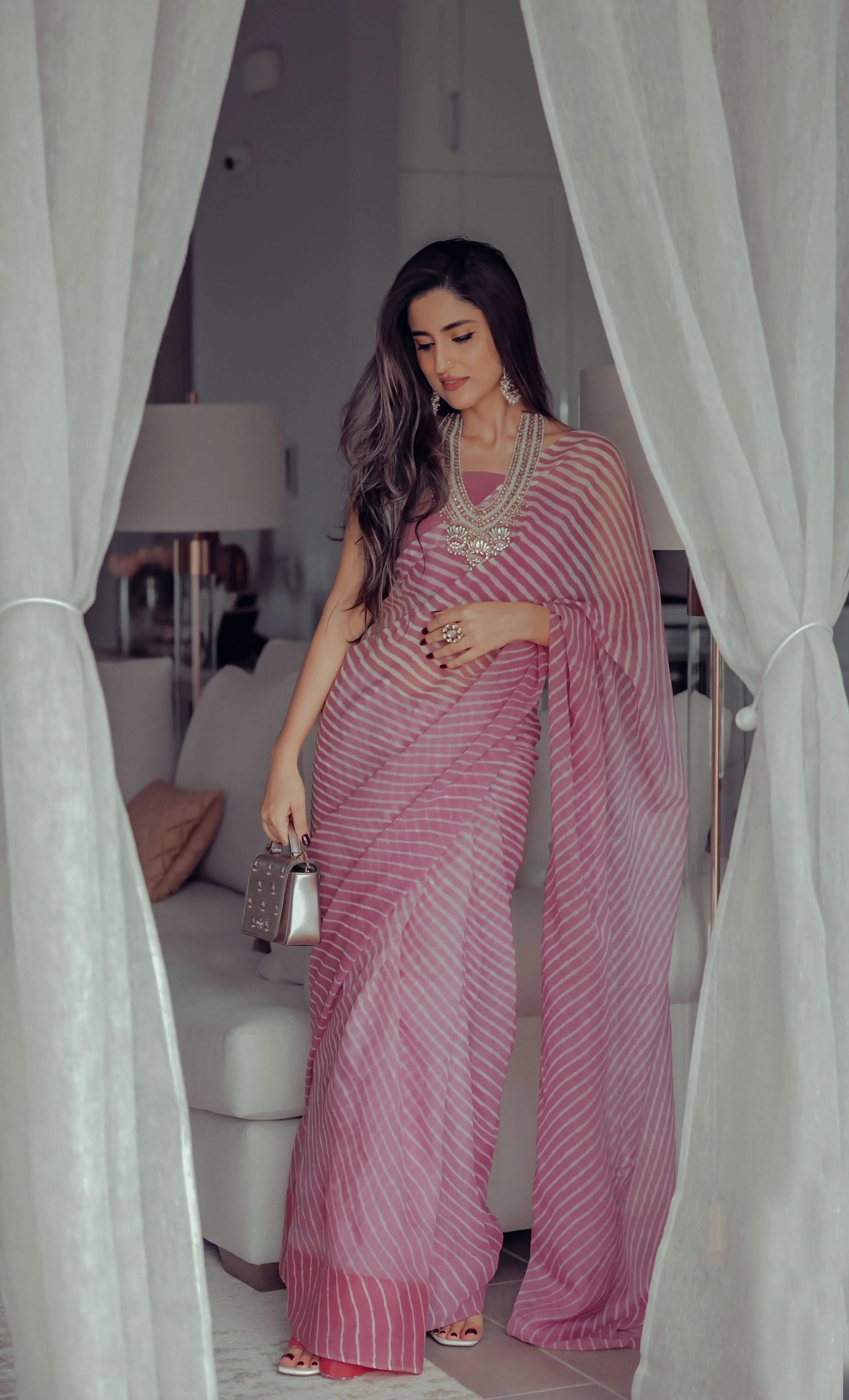 Sophia Dusty Pink Leheriya Pure Chiffon Saree - Image 6