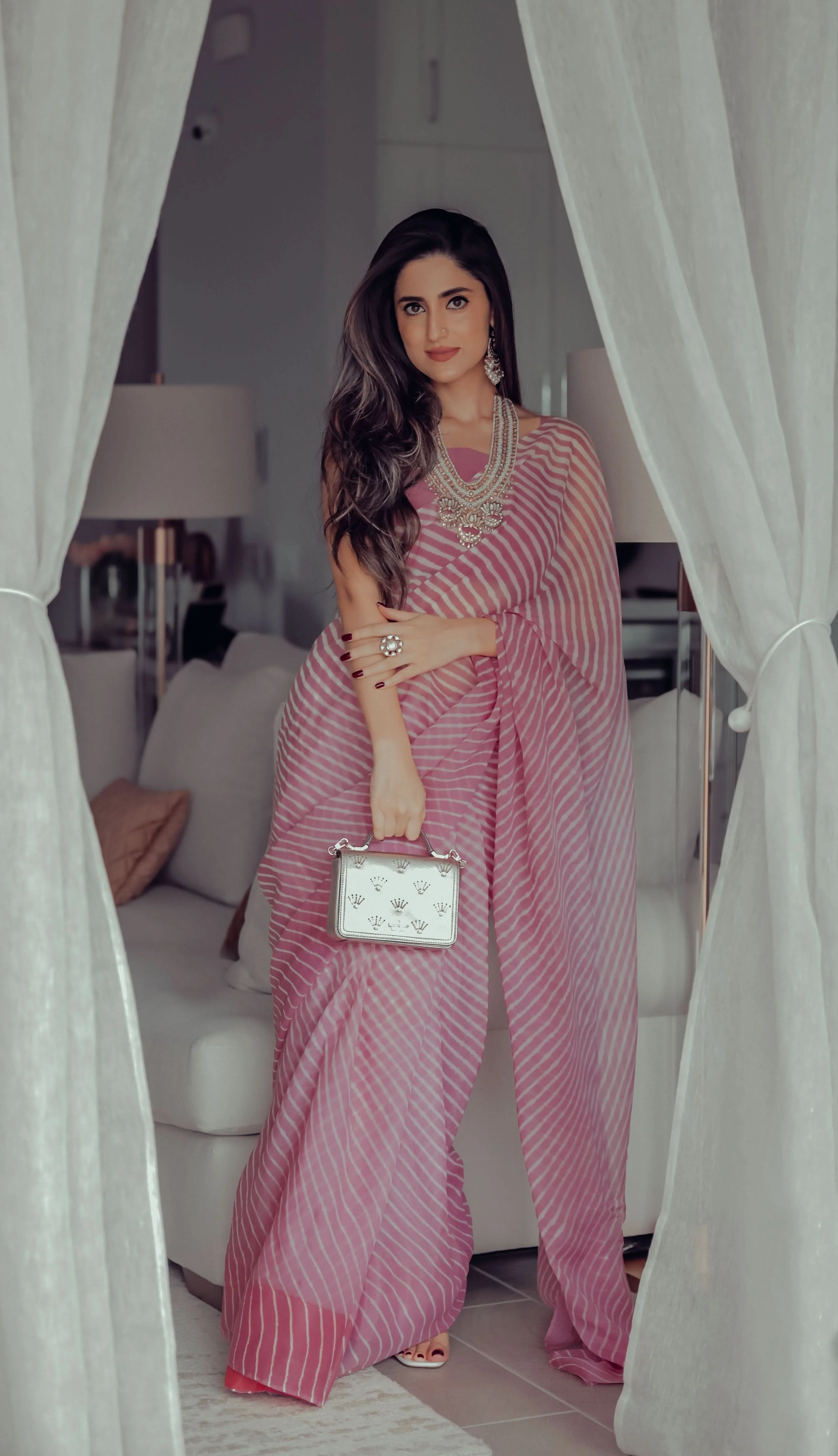 Sophia Dusty Pink Leheriya Pure Chiffon Saree - Image 7