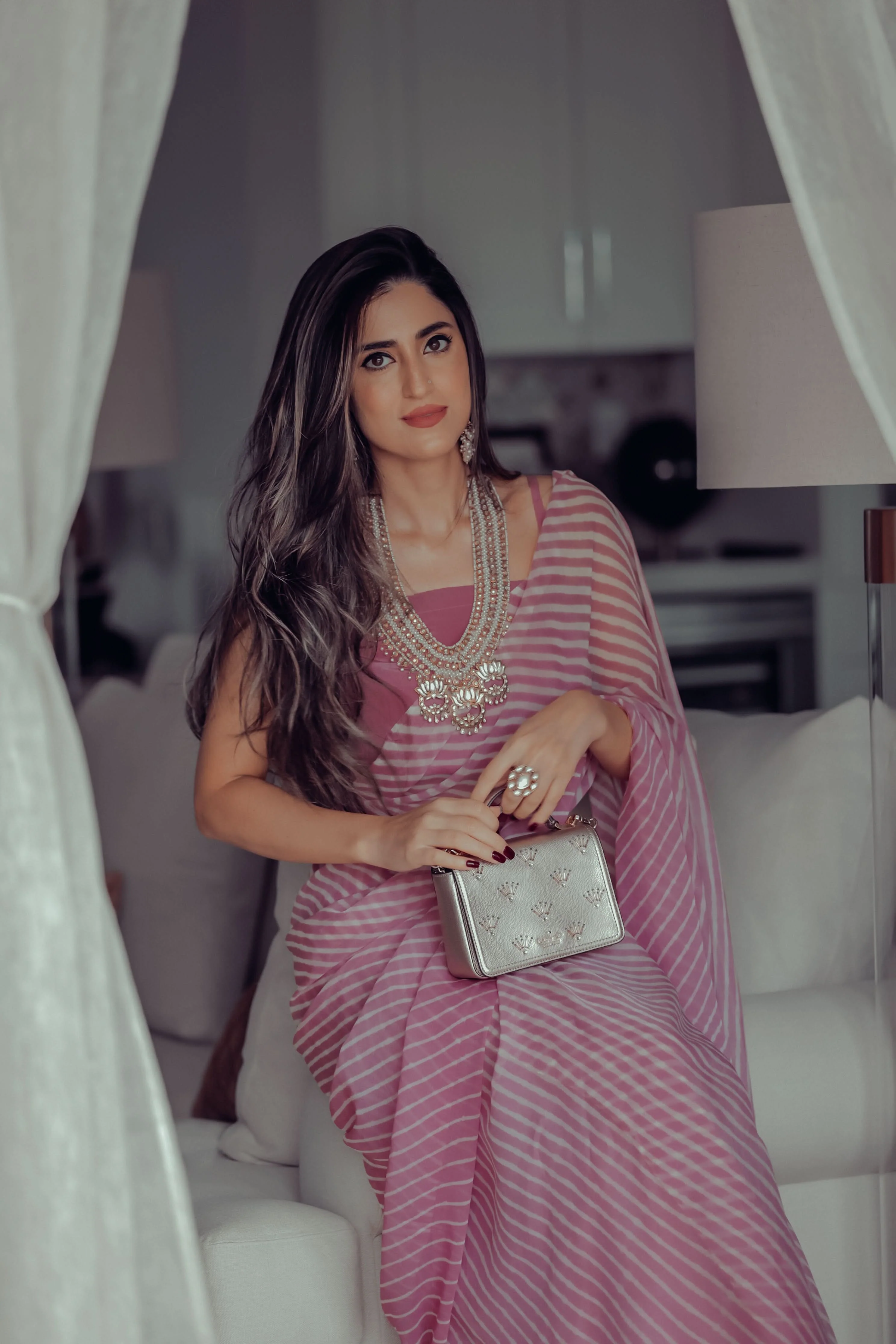 Sophia Dusty Pink Leheriya Pure Chiffon Saree - Image 9