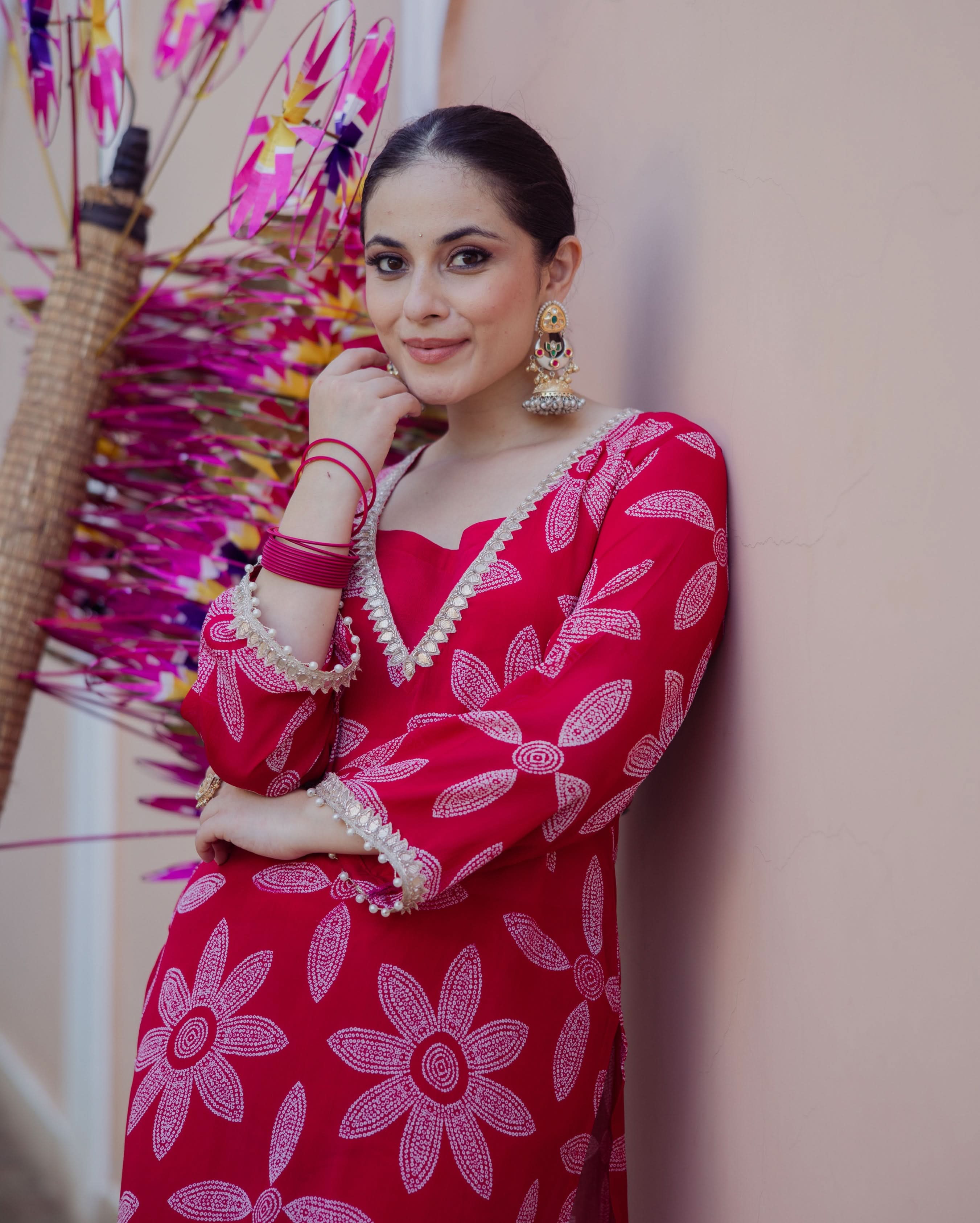 Sudha Pink Bandhani Chinon Kurta Set - Image 5