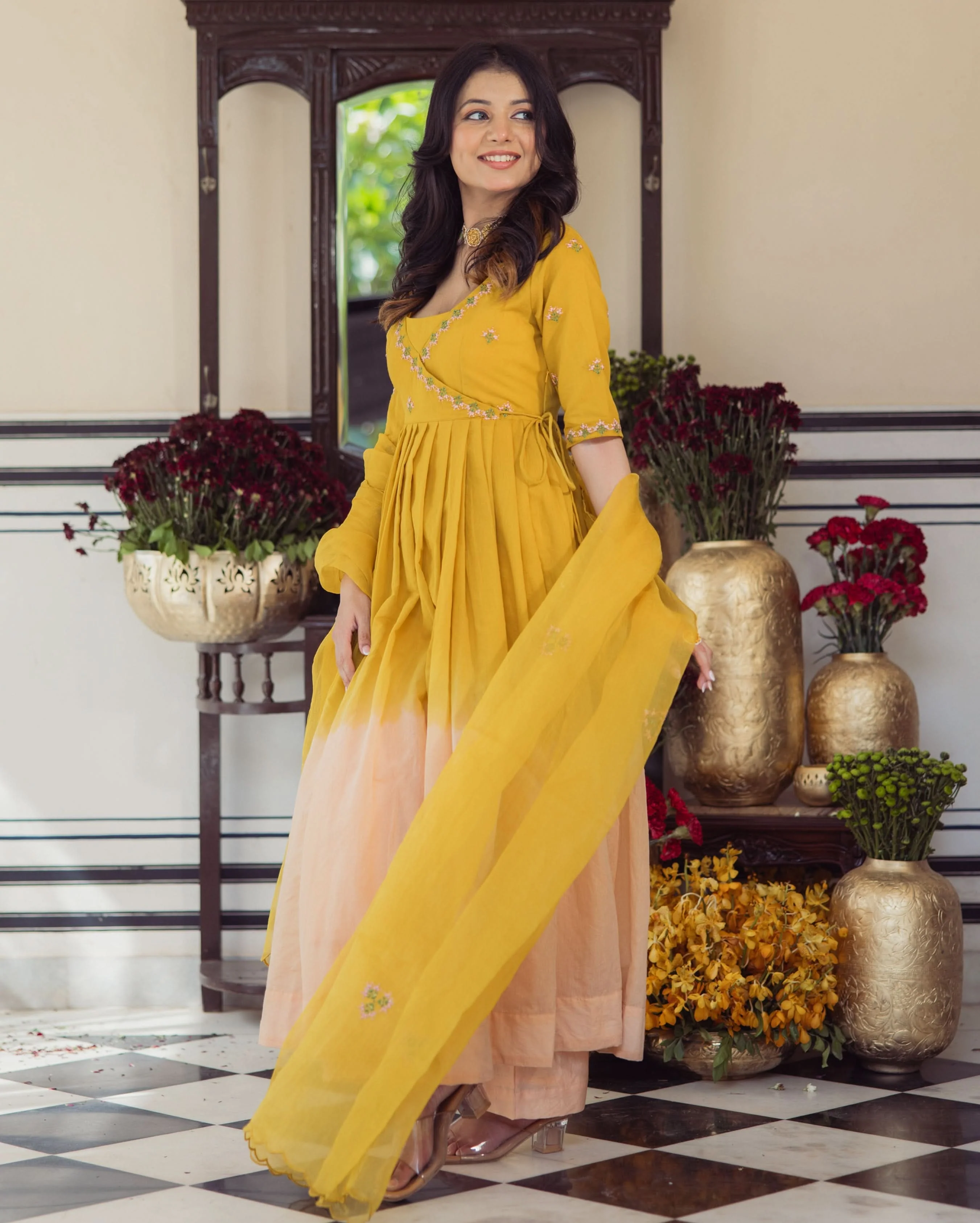 Sunny Mustard Ombre Embroidered Chanderi Suit Set - Image 2