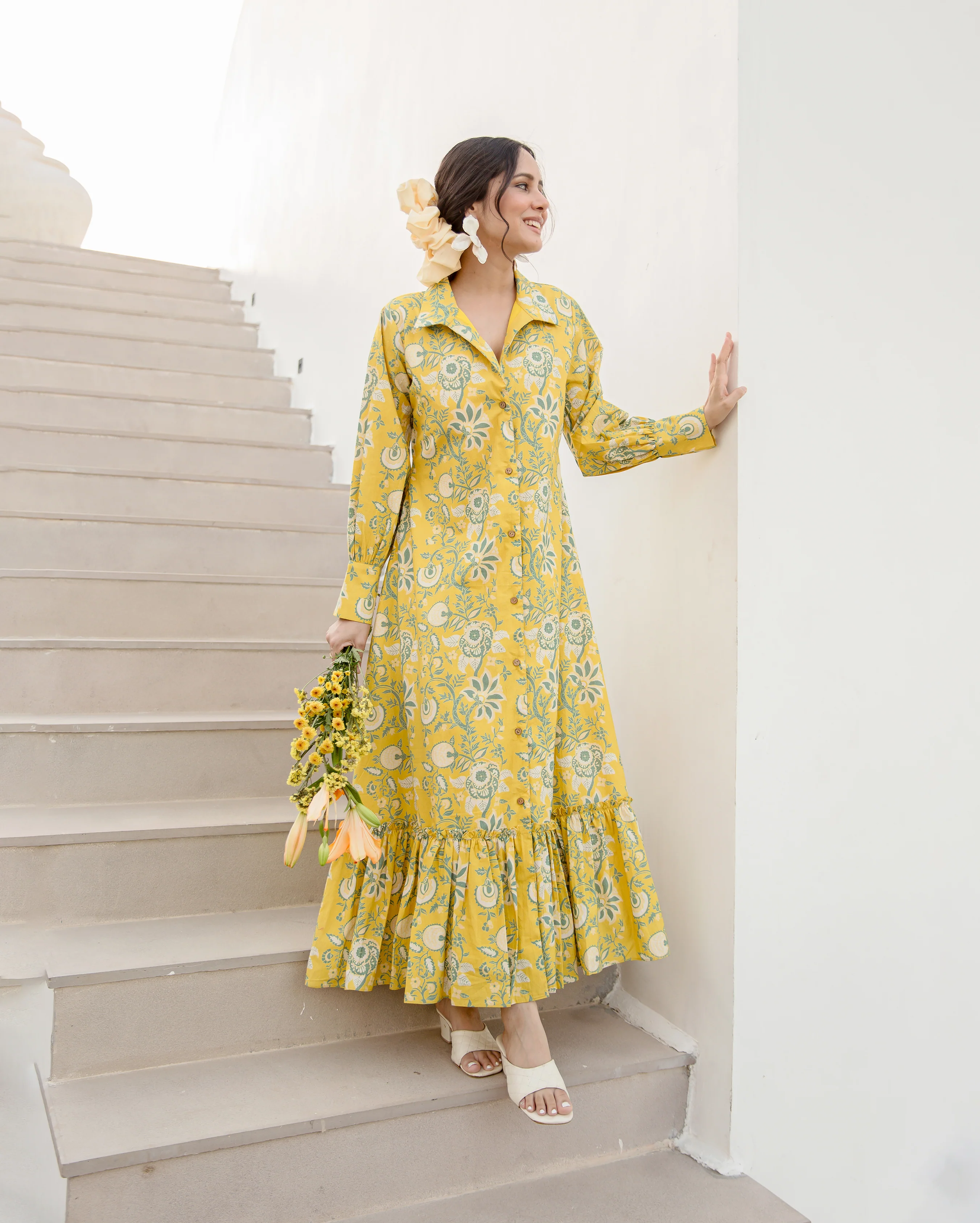 Sunset Glow Yellow Cotton Printed Shirt Dress - Image 5