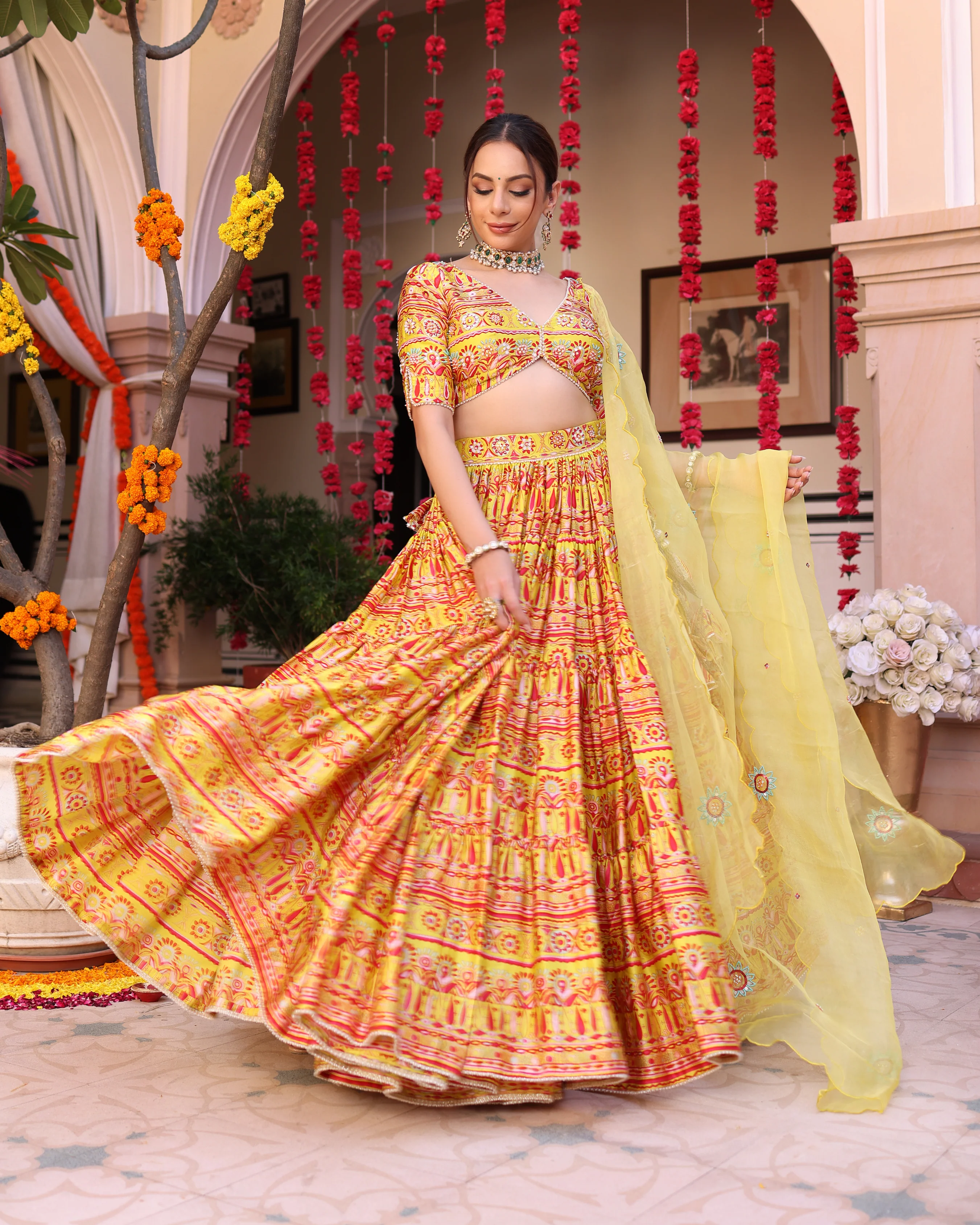 Sunshine Blooms Yellow Printed Satin Lehenga Set - Image 5