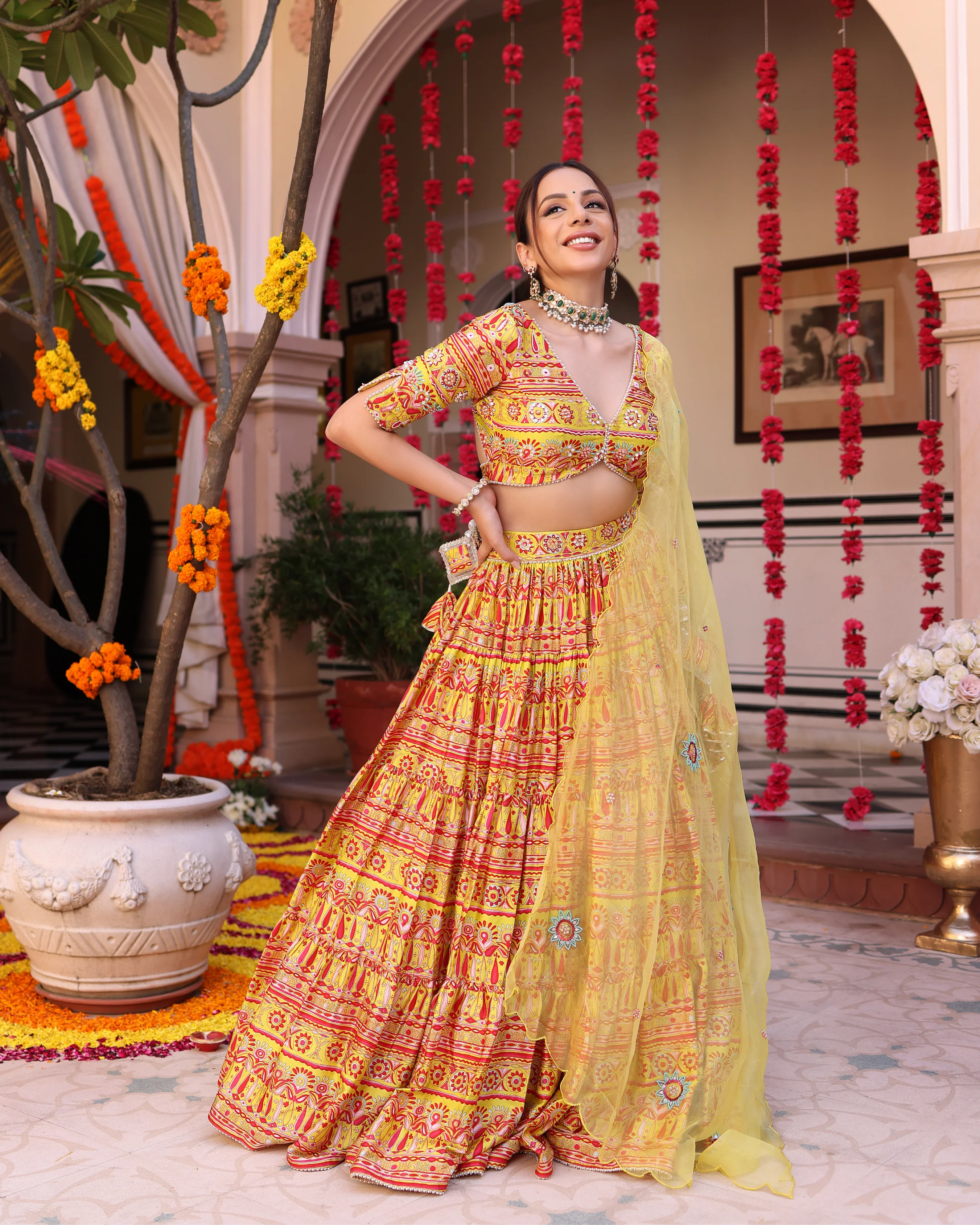 Sunshine Blooms Yellow Printed Satin Lehenga Set - Image 6