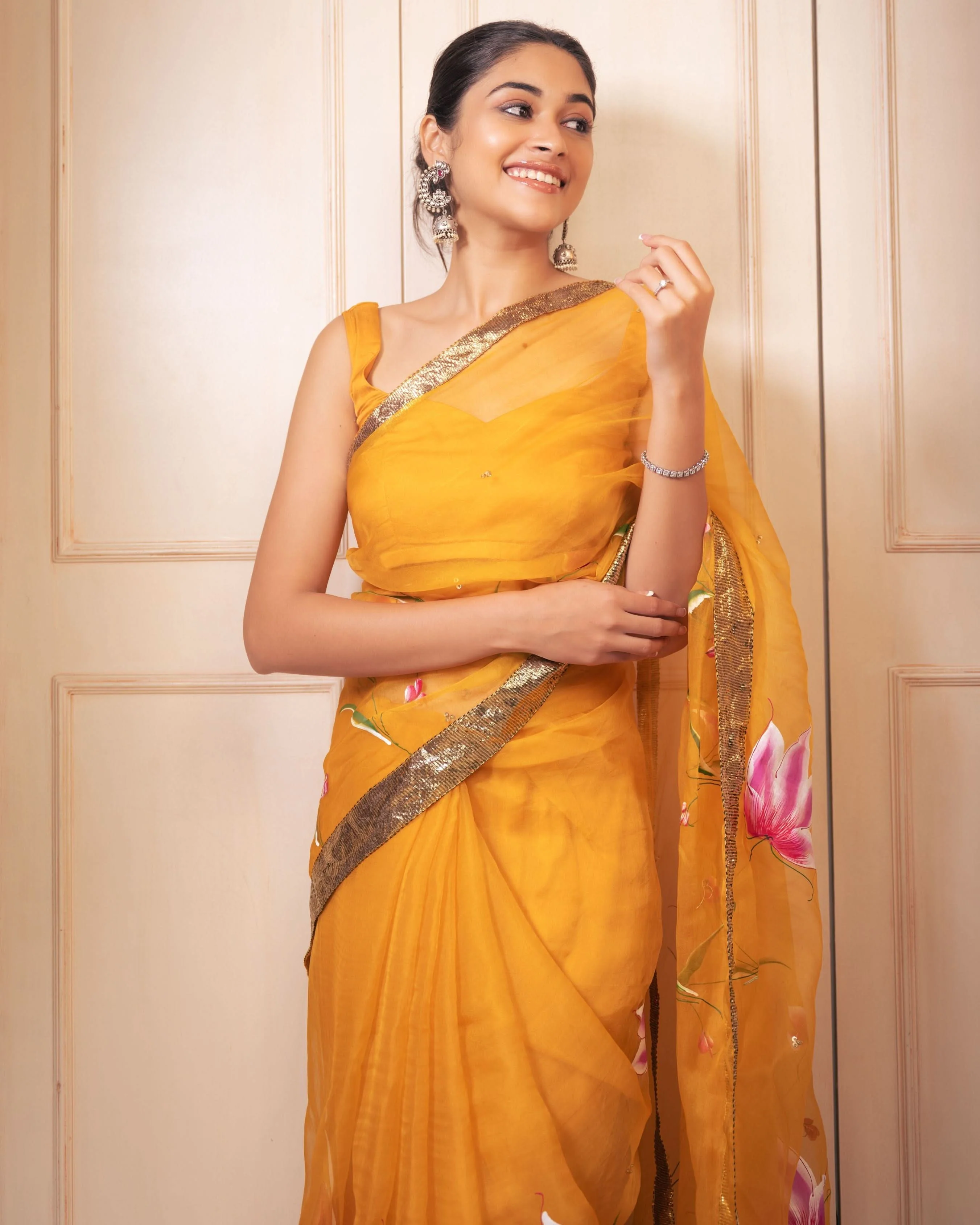 Surya Handpainted Gota Pure Organza Saree - Image 6