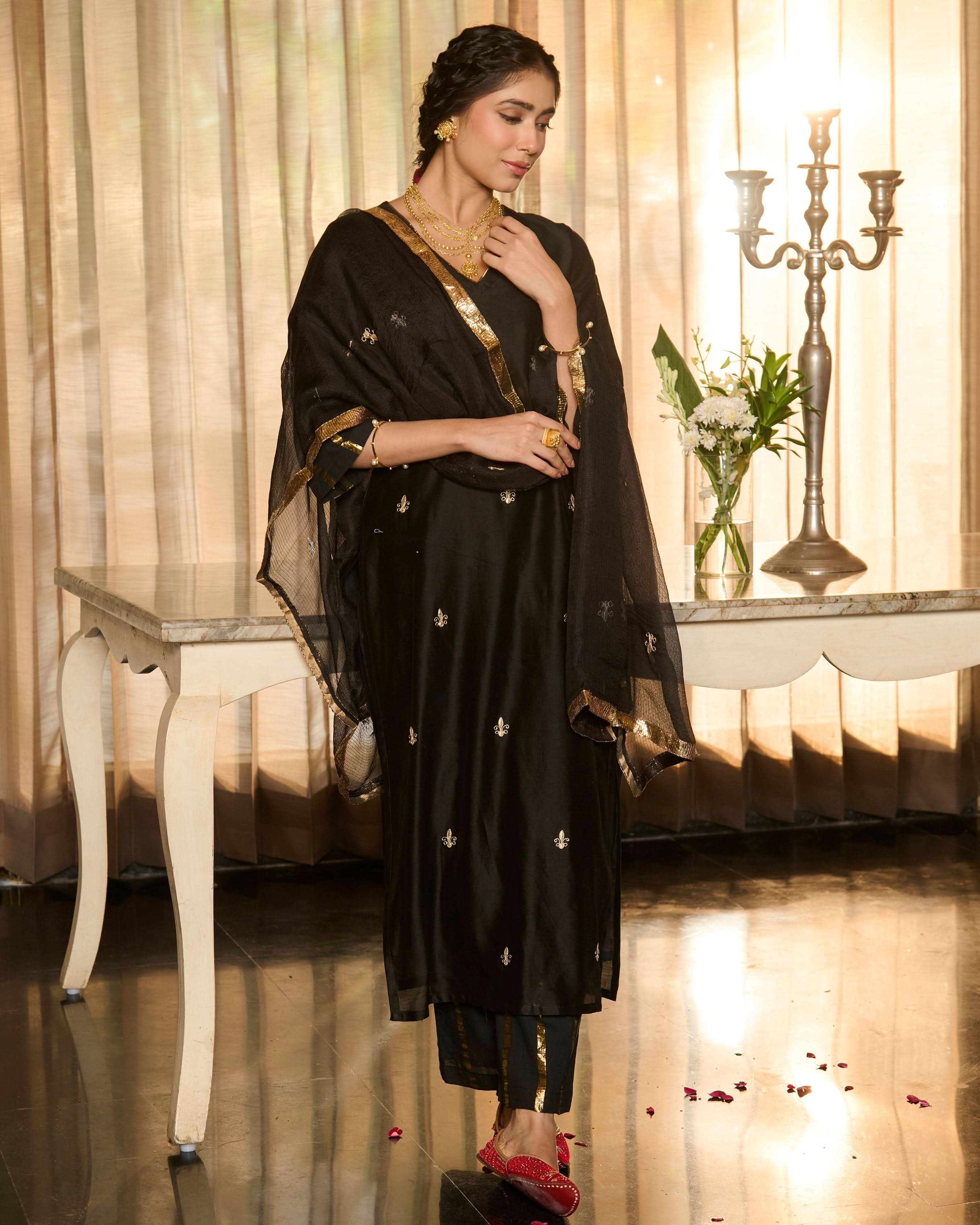 Suvarna Black Solid Chanderi Suit Set - Image 4