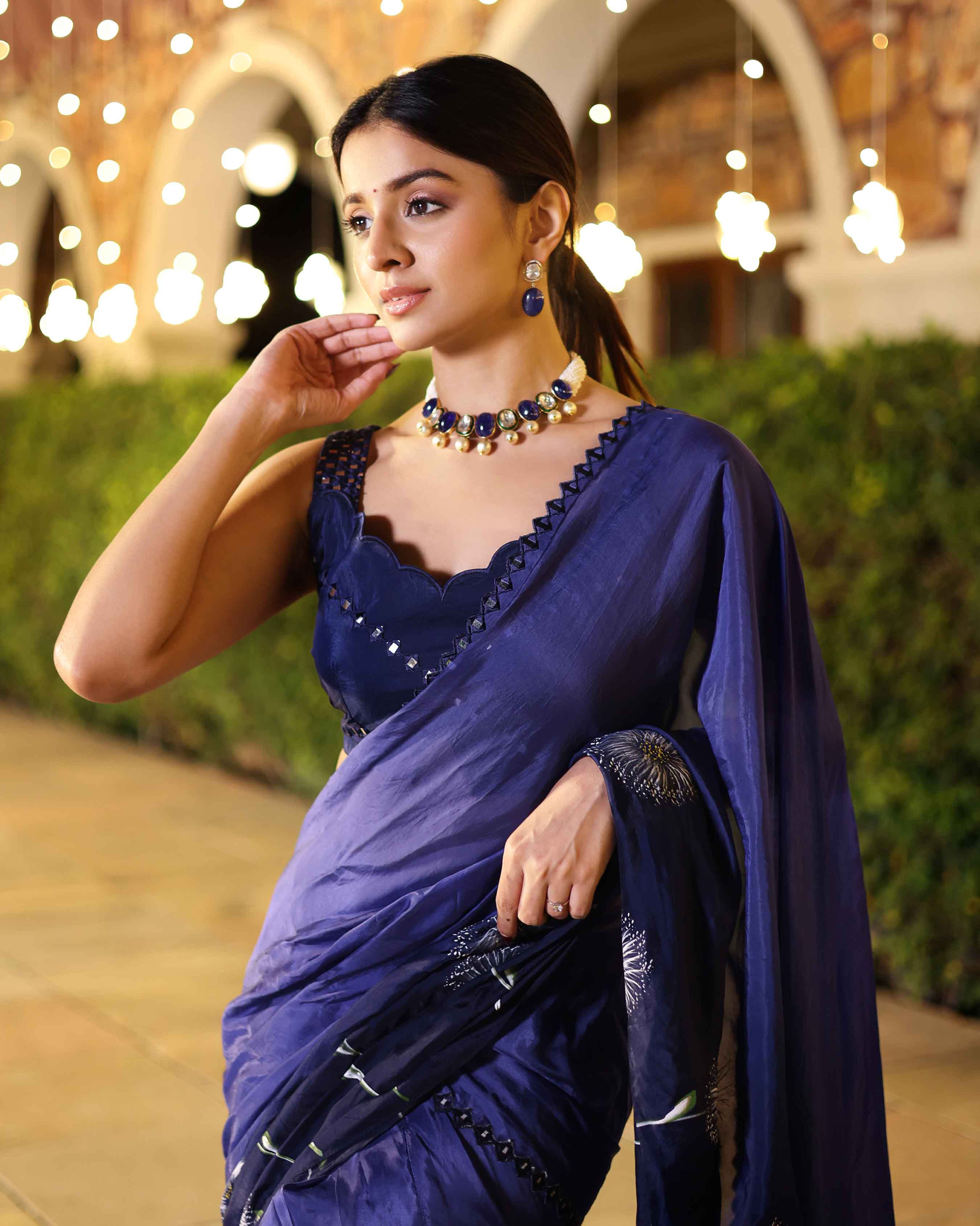 Swish Blue Ombre Mirror Work Handpainted Silk Pre Draped Saree - Image 5