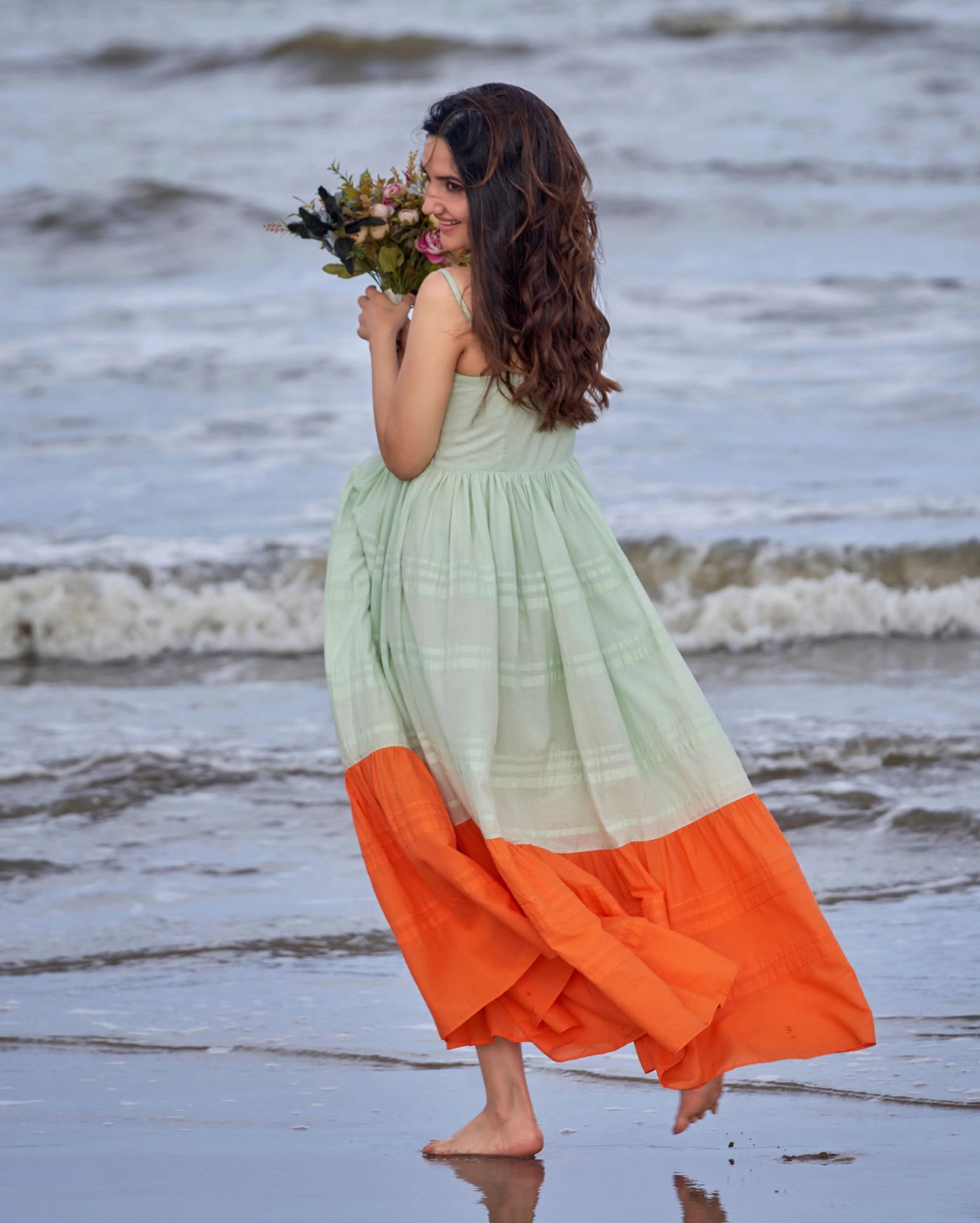 Tangerine Green Orange Colour Blocking Embroidered Cotton Dress - Image 2