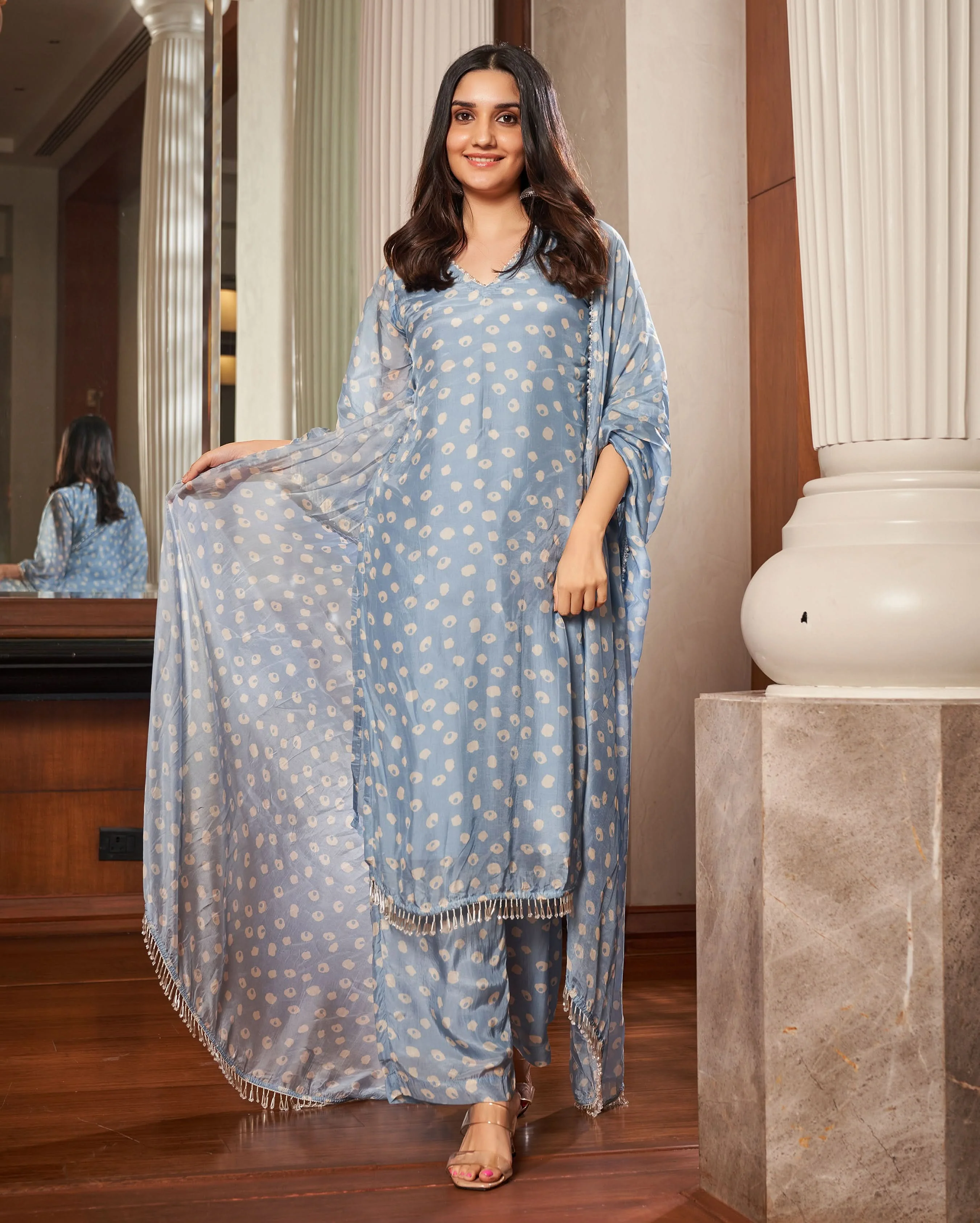 Tarang Pastel Blue Bandhani Silk Suit Set - Image 3
