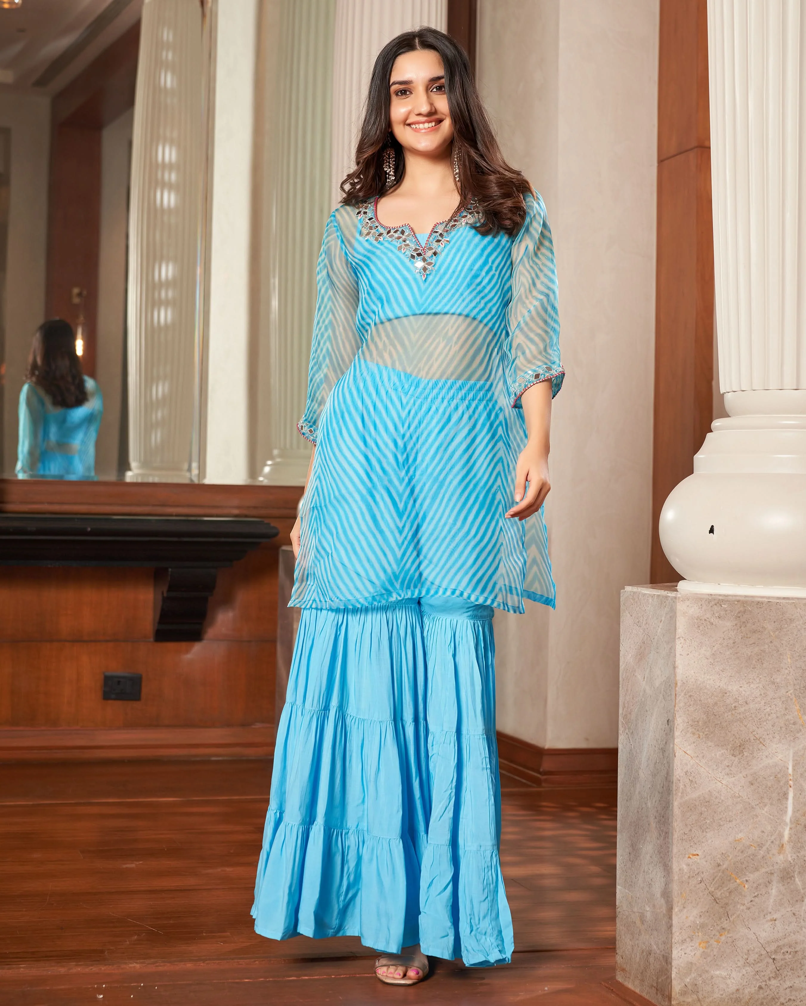 Tijori Light Blue Leheriya Organza Sharara Set - Image 3
