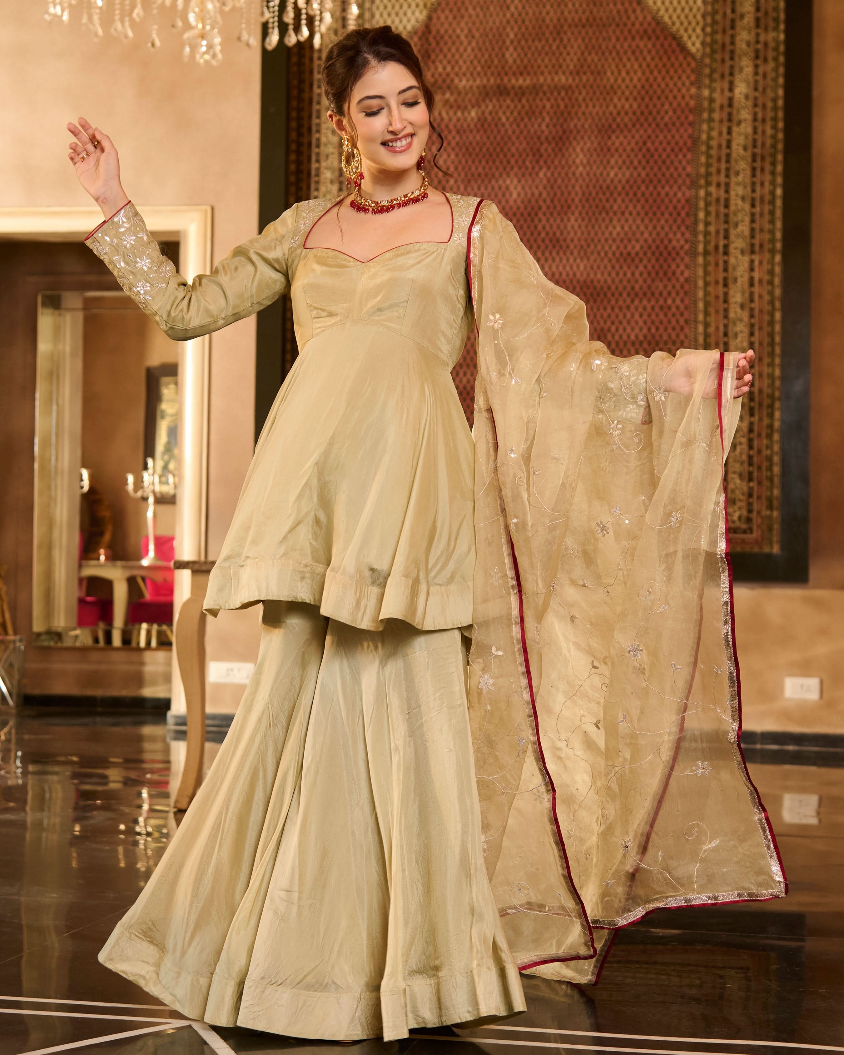 Tilki Olive Green Solid Silk Sharara Set - Image 4