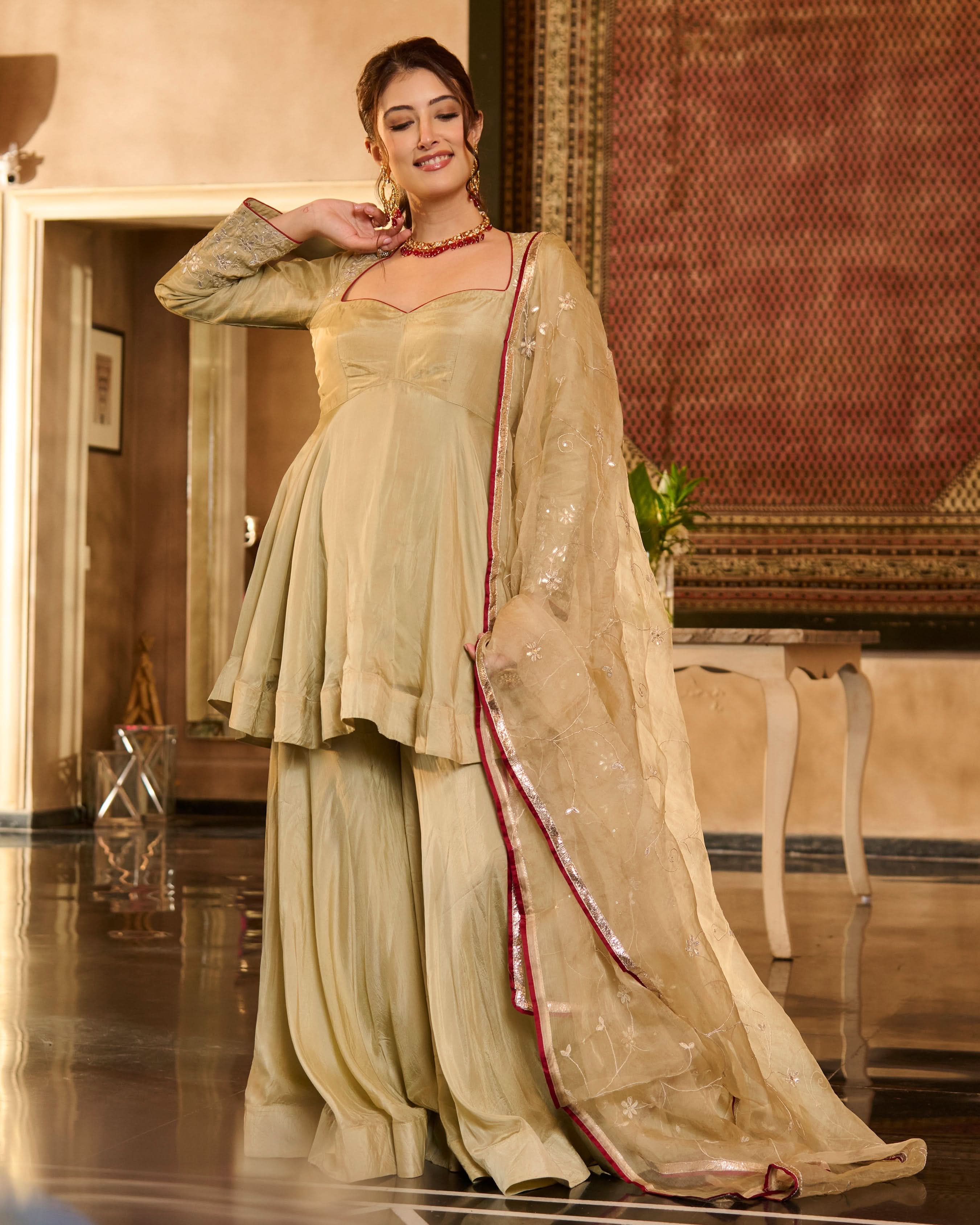 Tilki Olive Green Solid Silk Sharara Set - Image 5