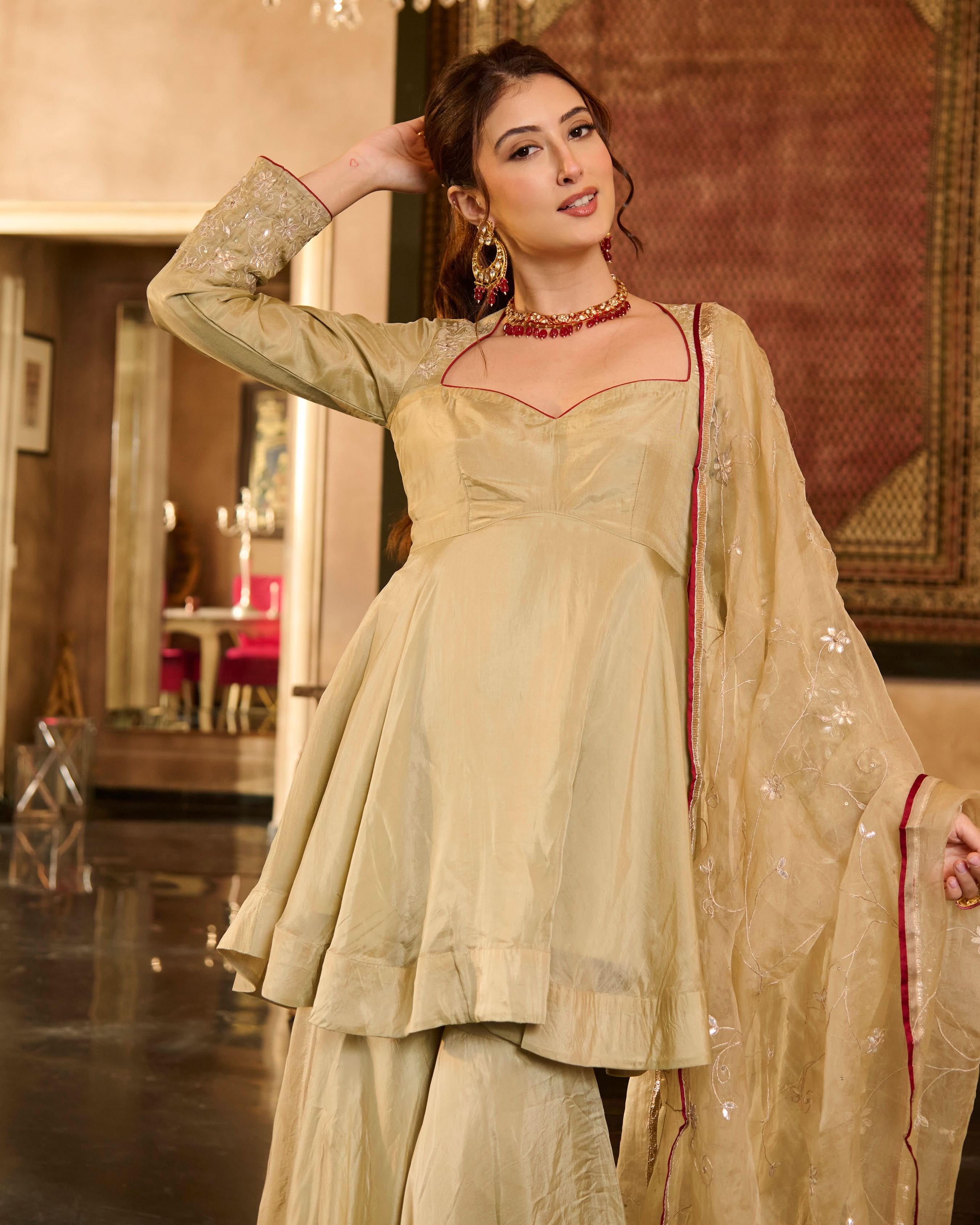Tilki Olive Green Solid Silk Sharara Set - Image 8